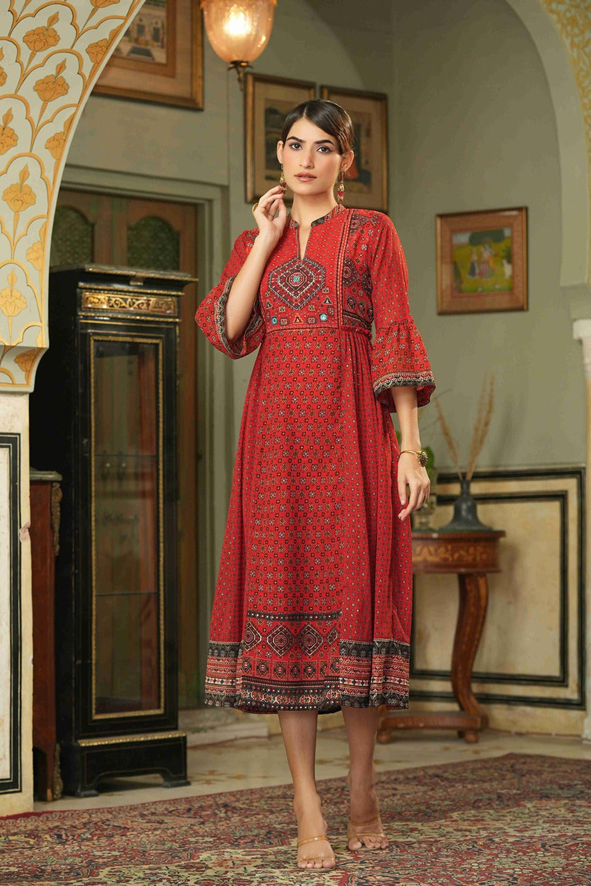 Red Georgette Flared Dress with Ethnic Motif Print Juniper Fashion