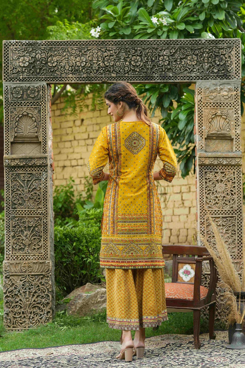 Juniper Mustard Chanderi Festive Printed Flared Kurta For Women
