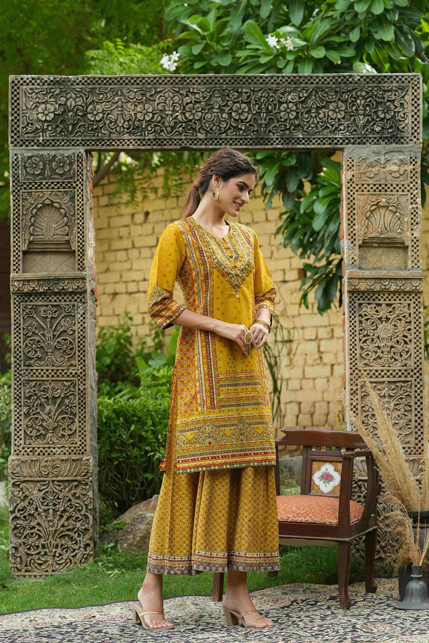 Juniper Mustard Chanderi Festive Printed Flared Kurta For Women
