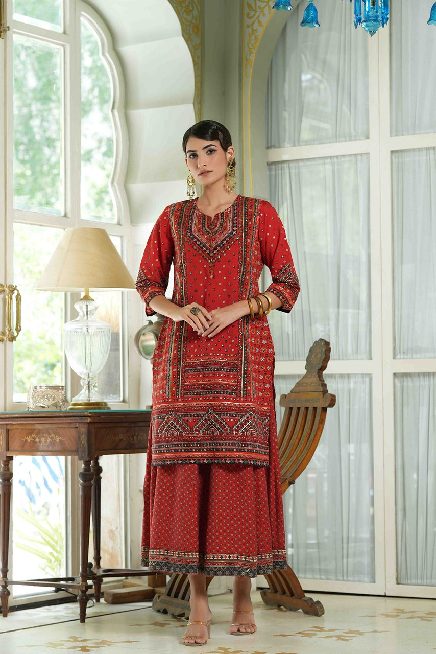 Juniper Red Ethnic Motif Printed Chanderi Maxi Dress with Gota Work