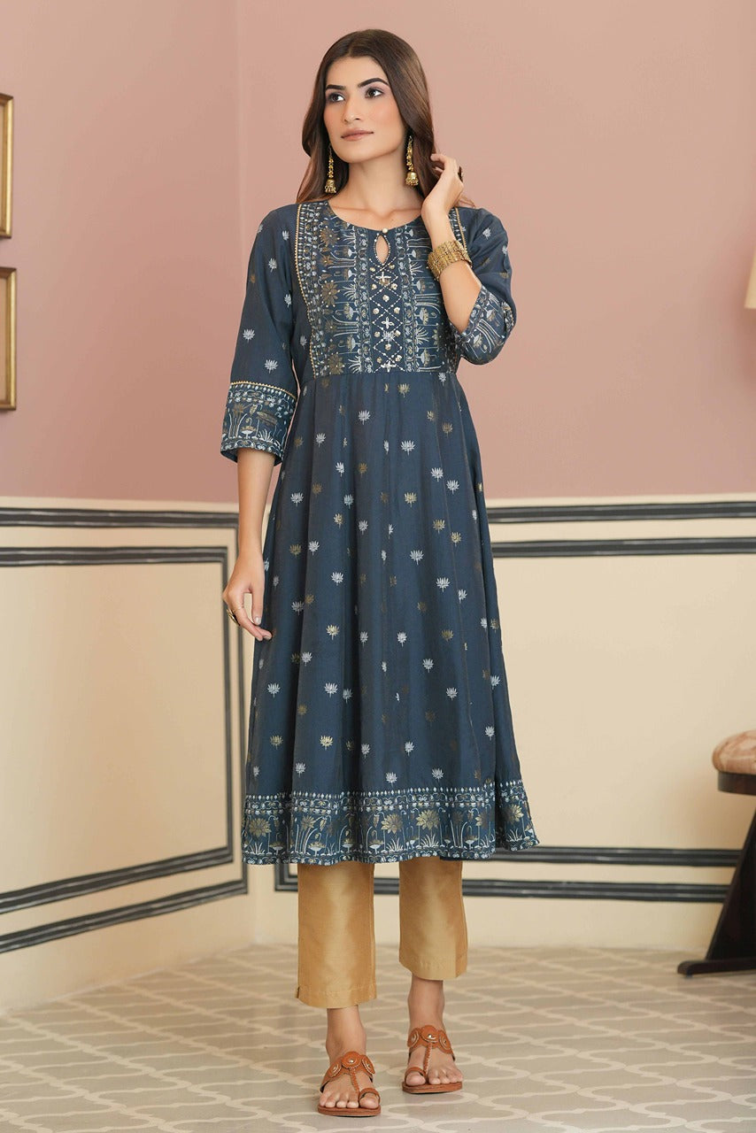 Juniper Teal Chanderi Festive Handwork Sequence Anarkali Kurta For Women