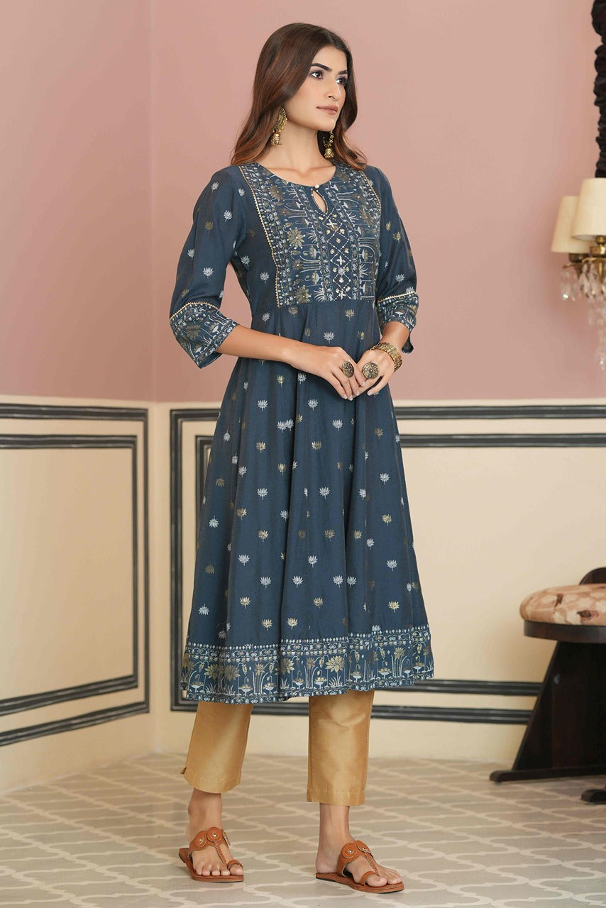 Juniper Teal Chanderi Festive Handwork Sequence Anarkali Kurta For Women