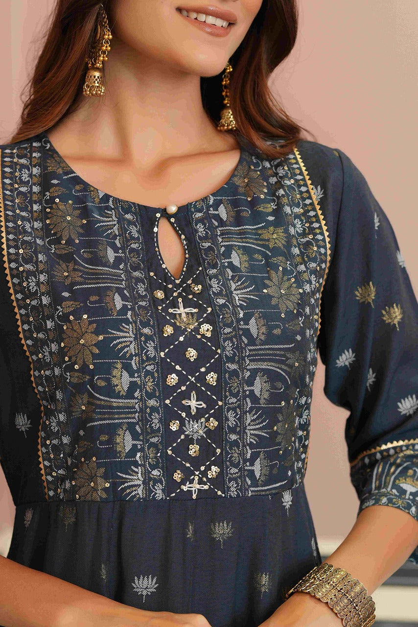 Juniper Teal Chanderi Festive Handwork Sequence Anarkali Kurta For Women