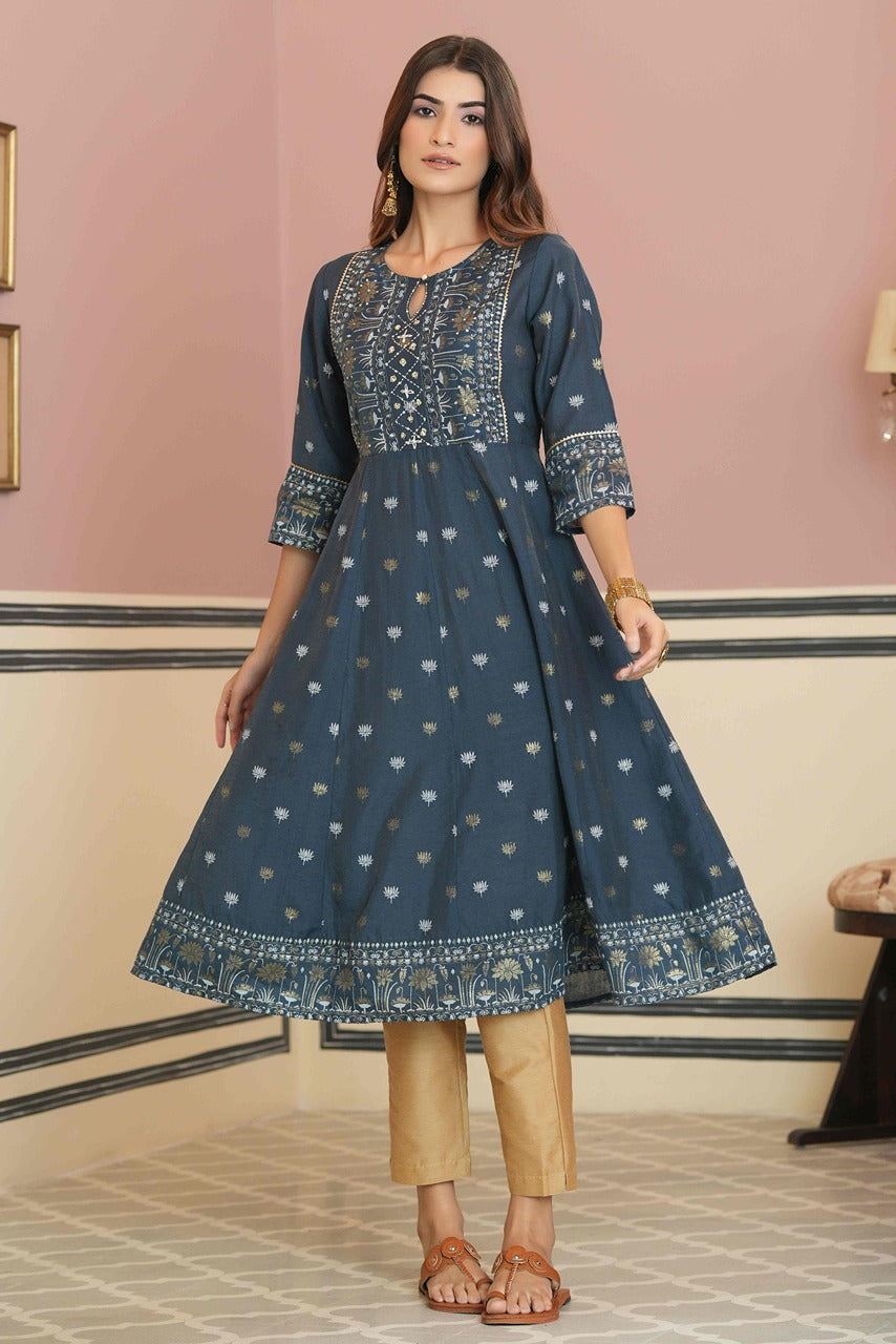 Juniper Teal Chanderi Festive Handwork Sequence Anarkali Kurta For Women