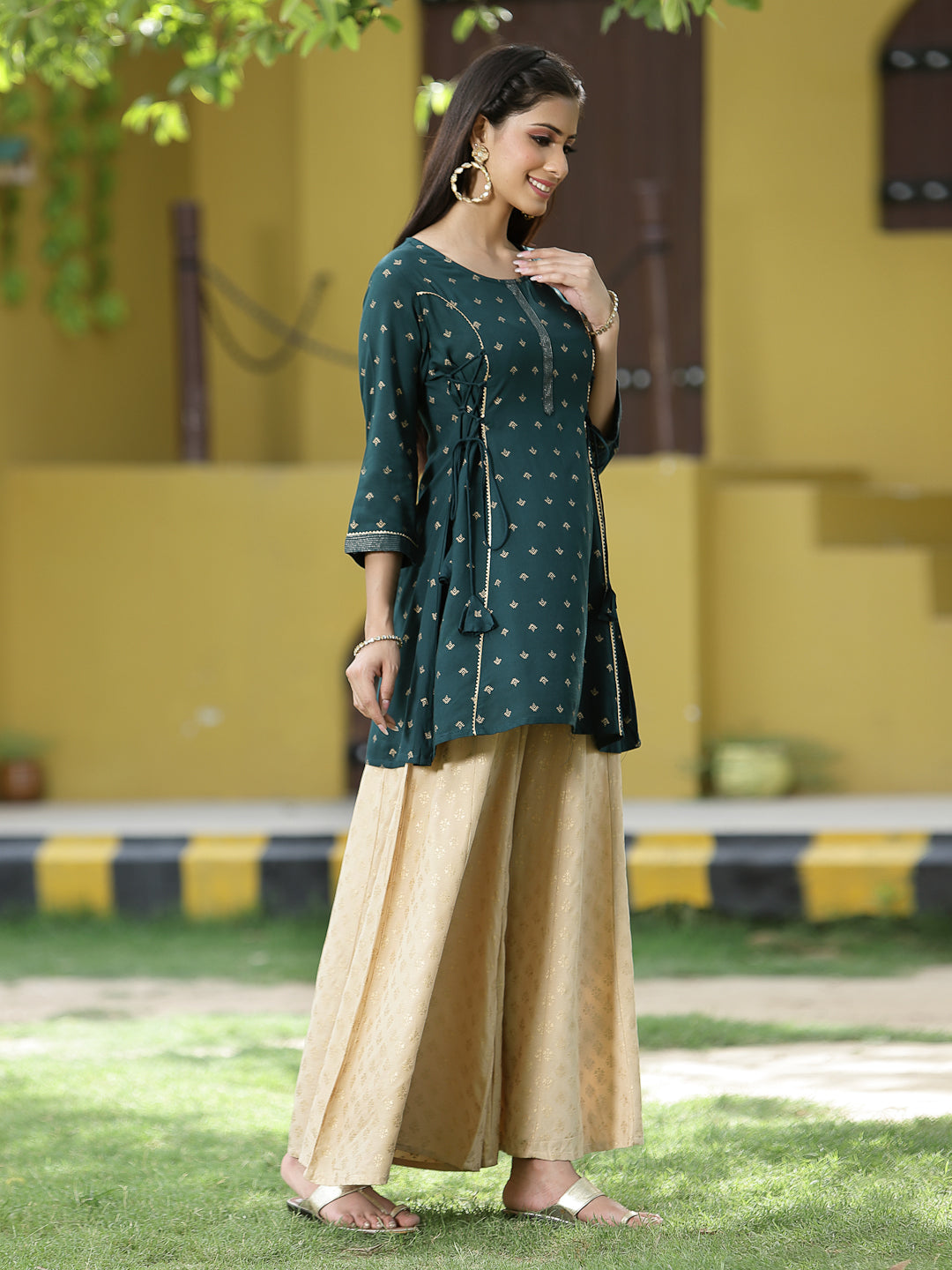 Juniper Green LIVA Rayon Festive Printed A-Line Tunic For Women