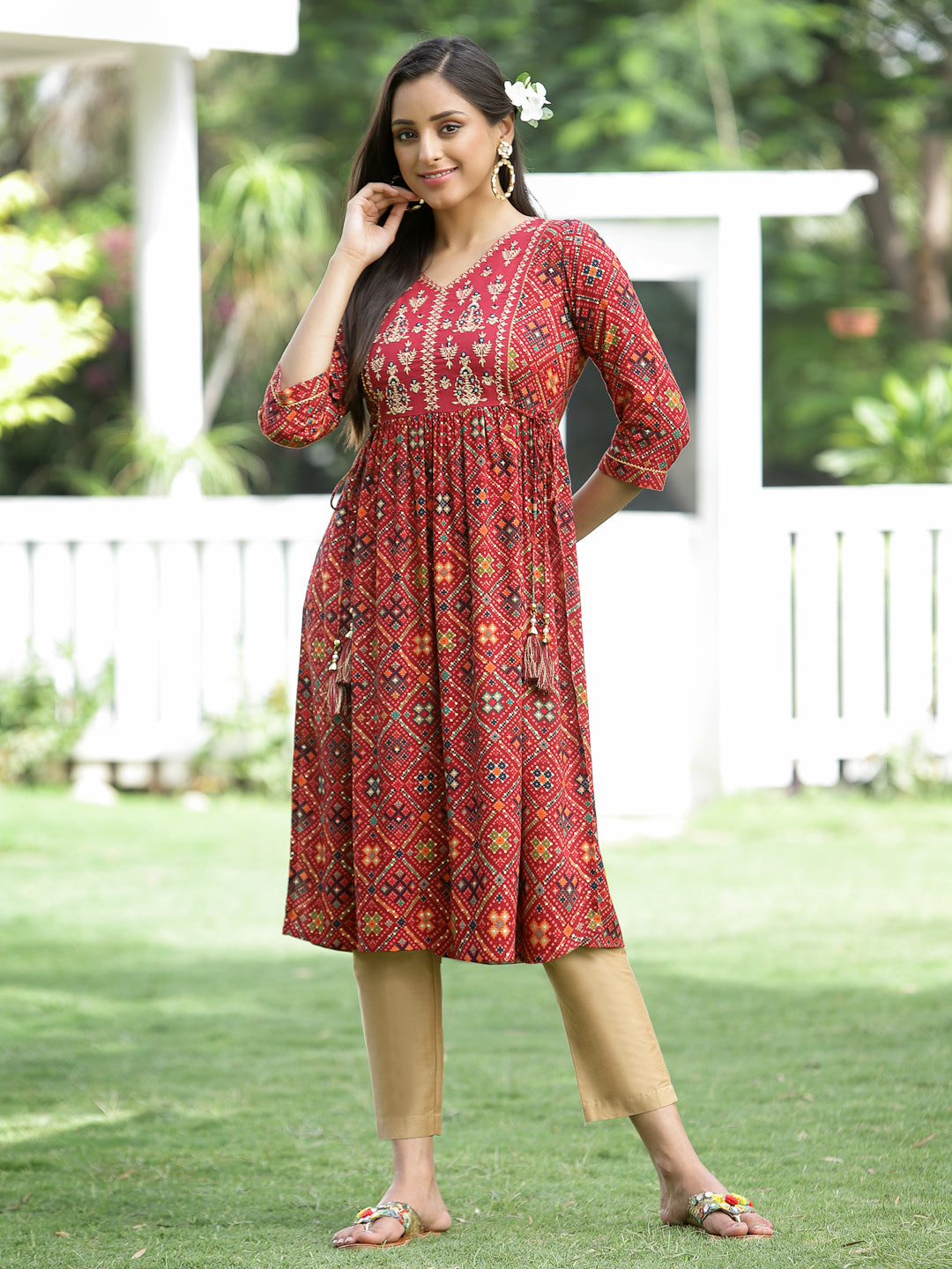 Juniper Red Geometric Printed & Embroidered Rayon Kurta