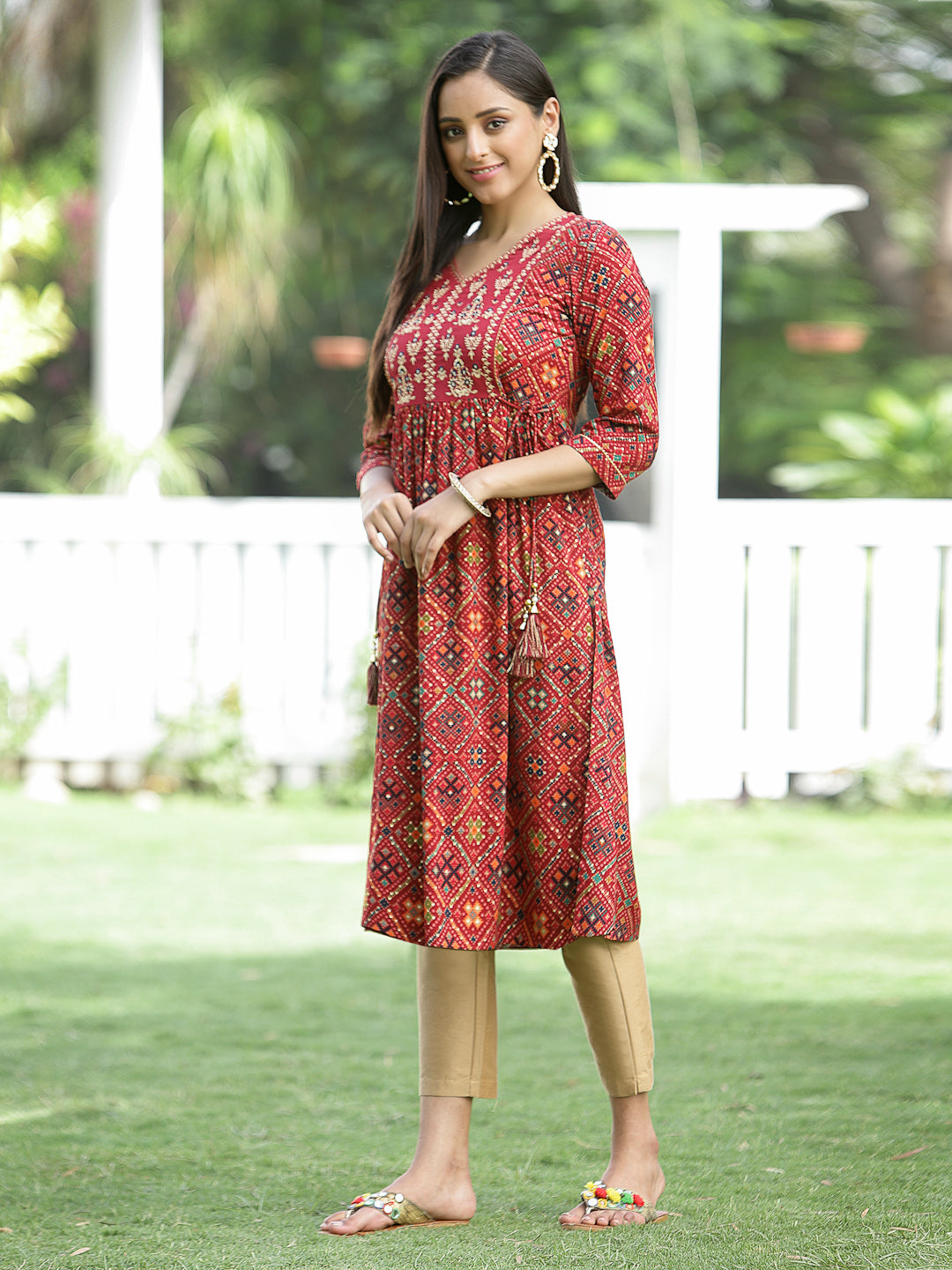 Juniper Red Geometric Printed & Embroidered Rayon Kurta