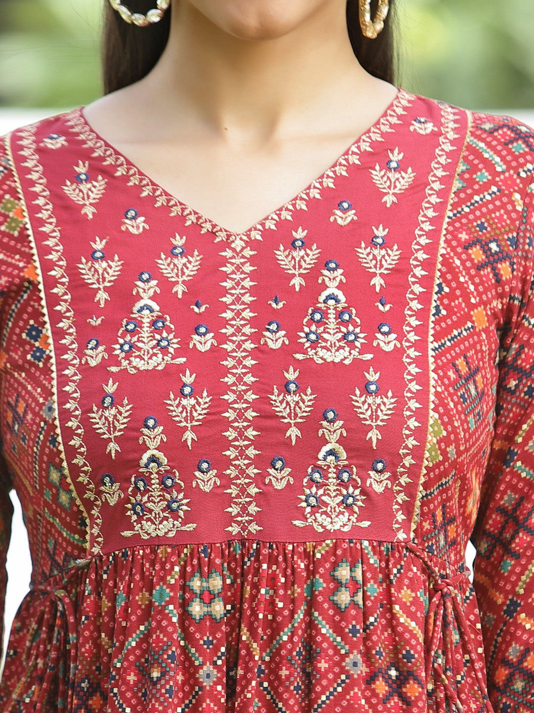 Juniper Red Geometric Printed & Embroidered Rayon Kurta