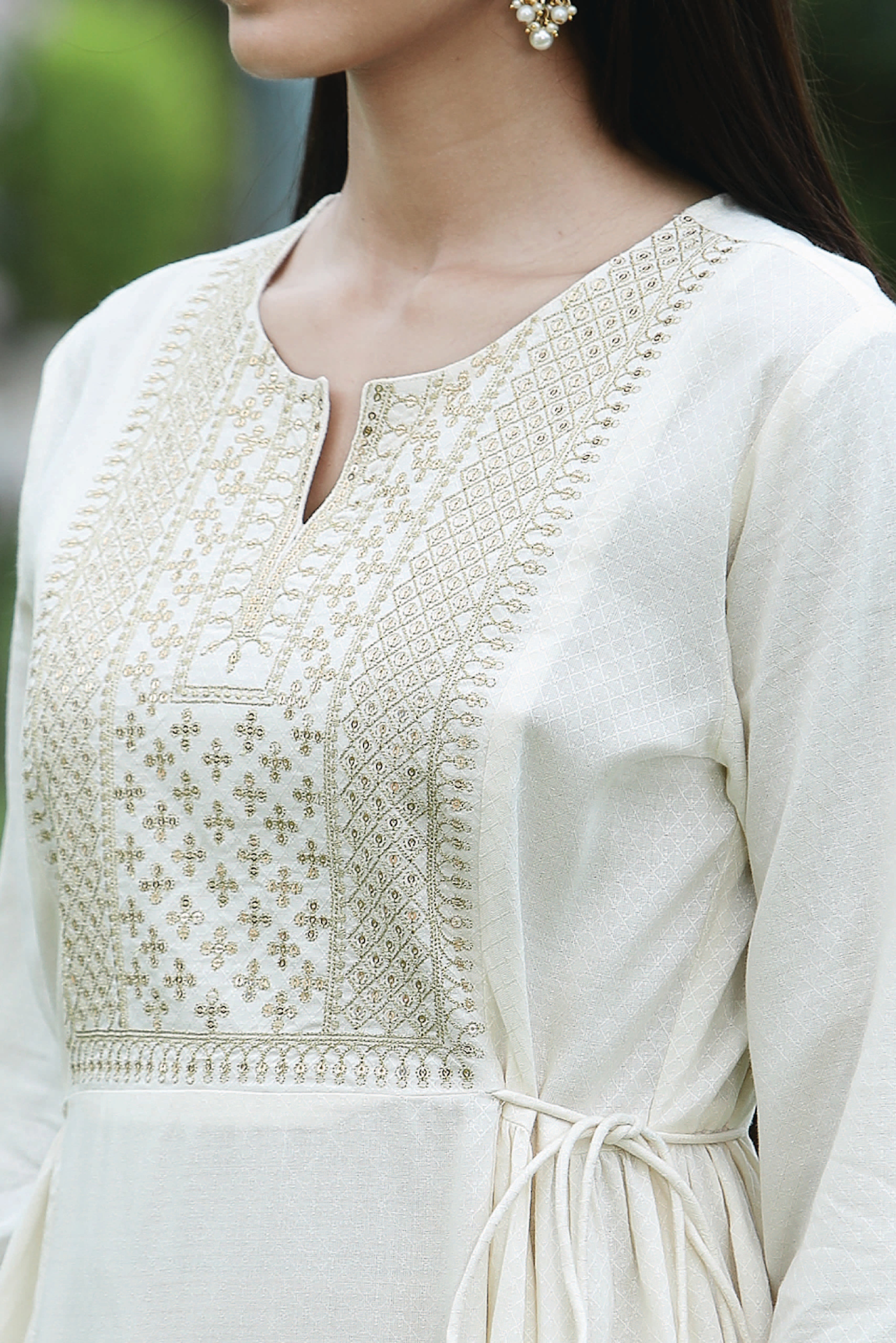 Juniper Ivory Ethnic Motif Printed Rayon Flared Kurta With Zari Work Embroidery