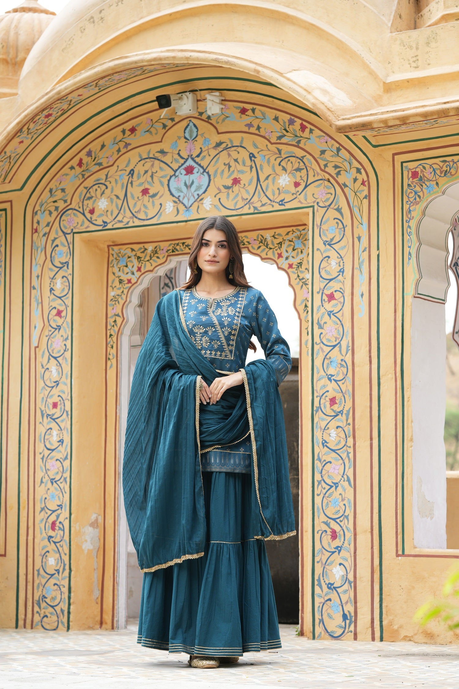 Juniper Teal Ethnic Motif Printed Satin Slub with Zari Embroidery Kurta Sharara & Dupatta Set.