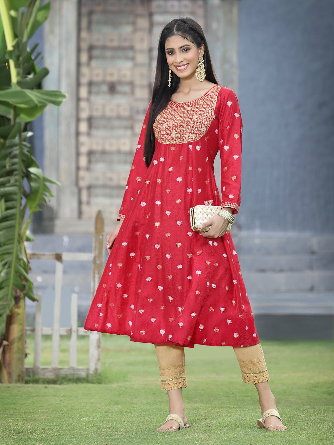 Juniper Red Ethnic Motif Printed Rayon Anarkali Kurta With Zari Work Embroidery