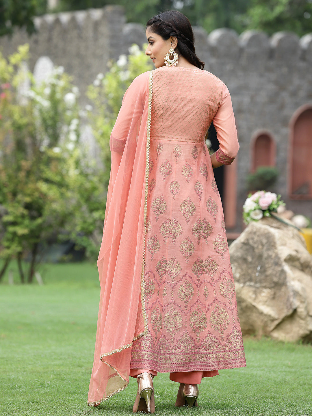 Juniper Peach Chanderi Polyster Print Flared Kurta Pant Dupatta Set For Women