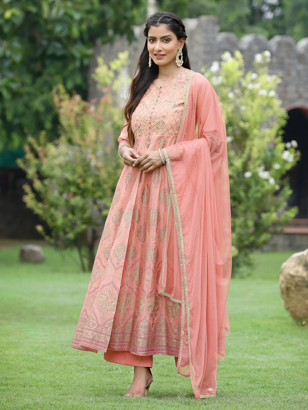 Juniper Peach Chanderi Polyster Print Flared Kurta Pant Dupatta Set For Women