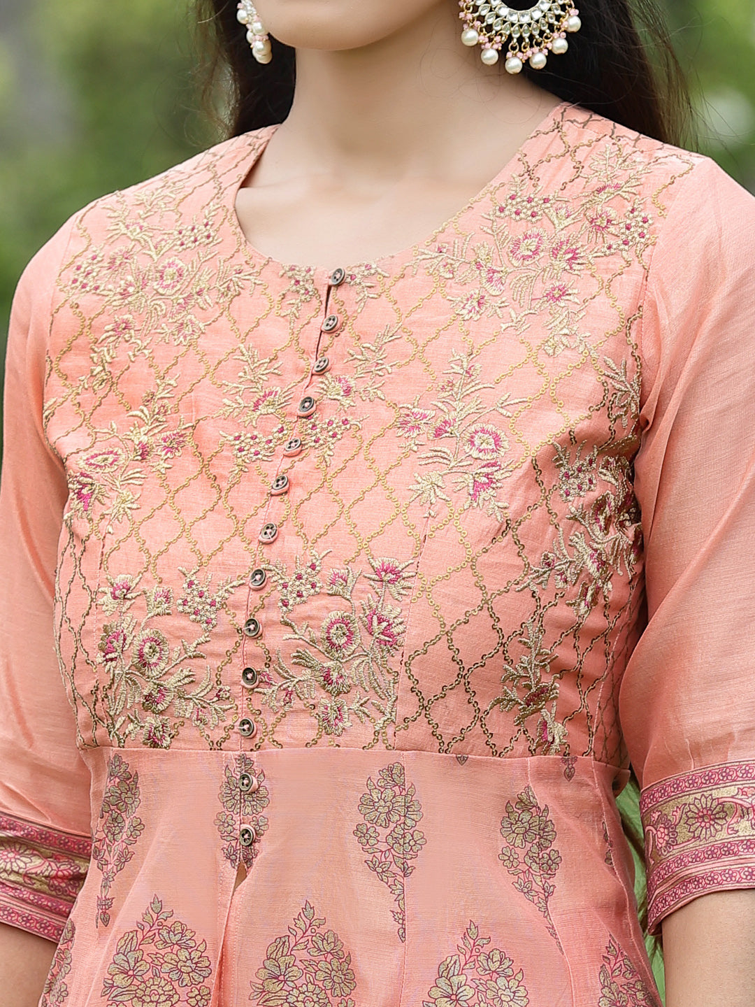 Juniper Peach Chanderi Polyster Print Flared Kurta Pant Dupatta Set For Women