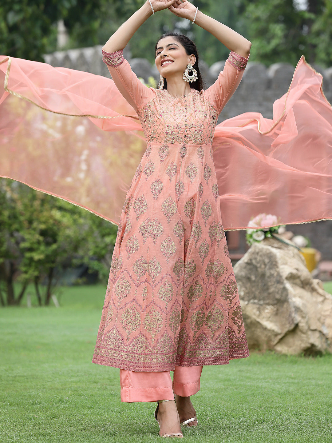 Juniper Peach Chanderi Polyster Print Flared Kurta Pant Dupatta Set For Women