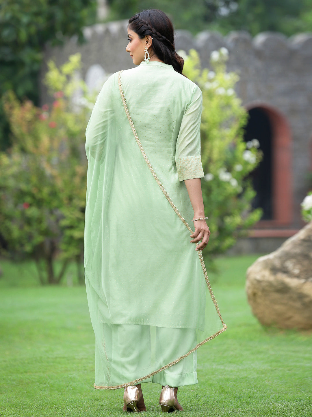 Juniper Mint Green Polka-Dot Printed Chanderi Kurta Pants & Net Dupatta Set With Zari Work Embroidery