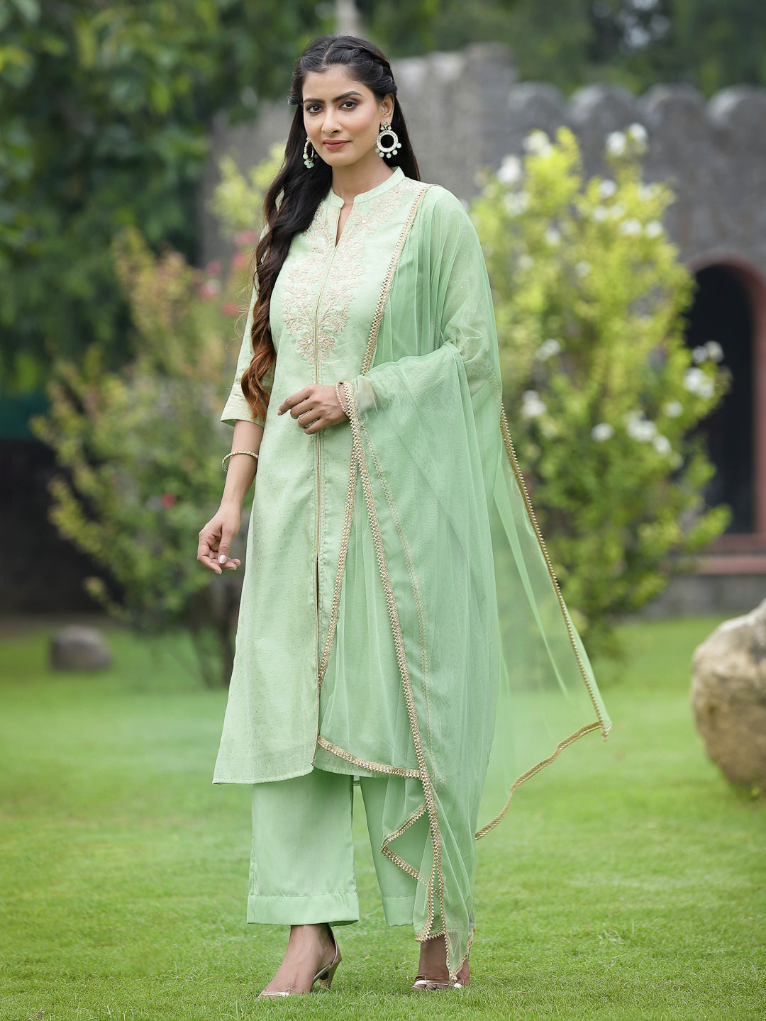 Juniper Mint Green Polka-Dot Printed Chanderi Kurta Pants & Net Dupatta Set With Zari Work Embroidery