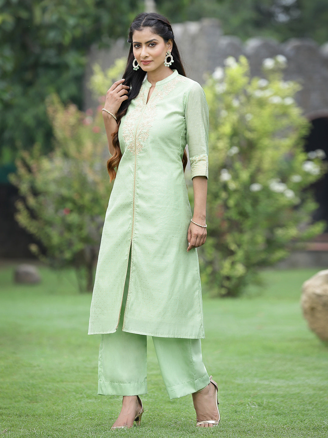 Juniper Mint Green Polka-Dot Printed Chanderi Kurta Pants & Net Dupatta Set With Zari Work Embroidery