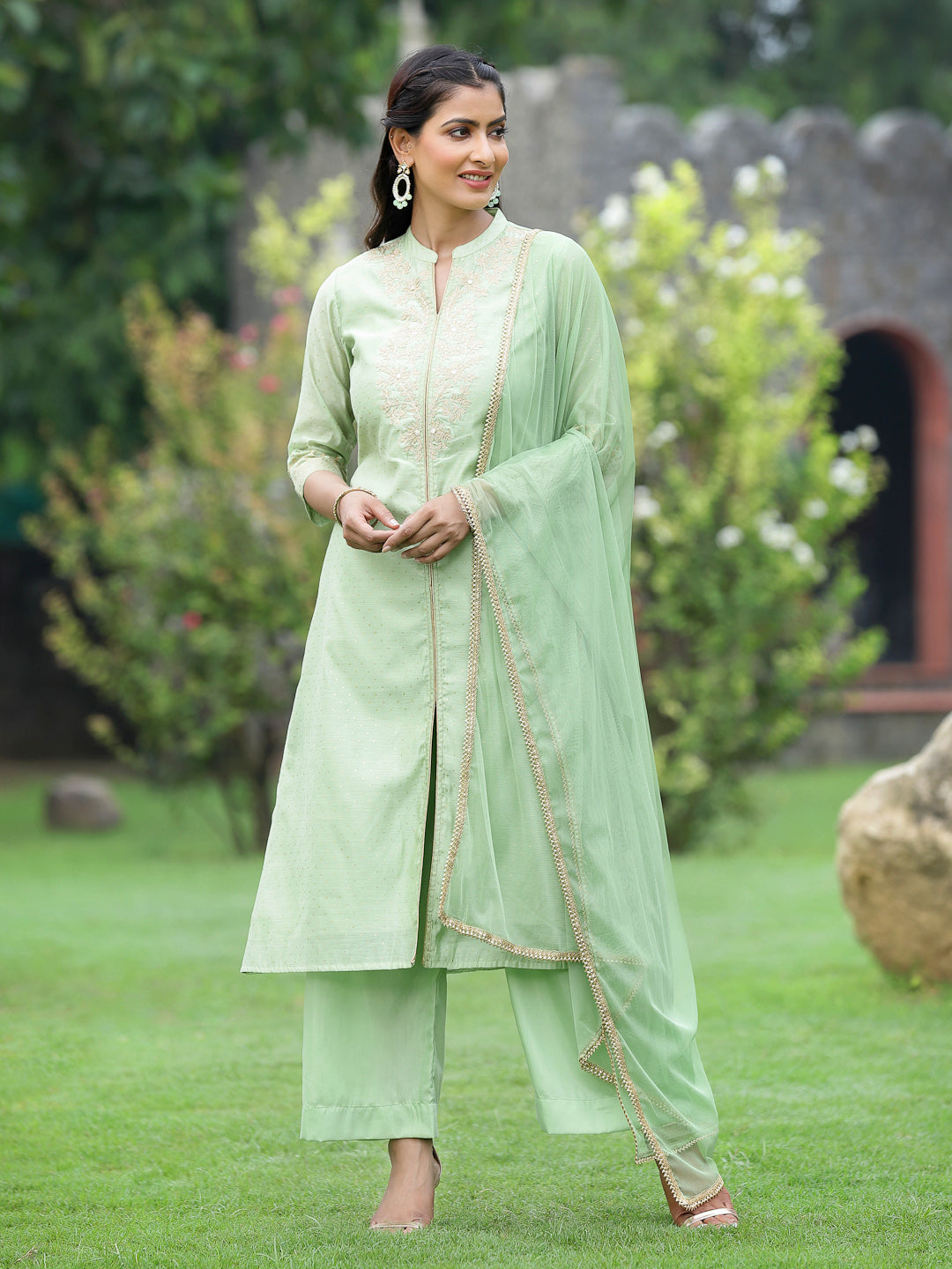 Juniper Mint Green Polka-Dot Printed Chanderi Kurta Pants & Net Dupatta Set With Zari Work Embroidery