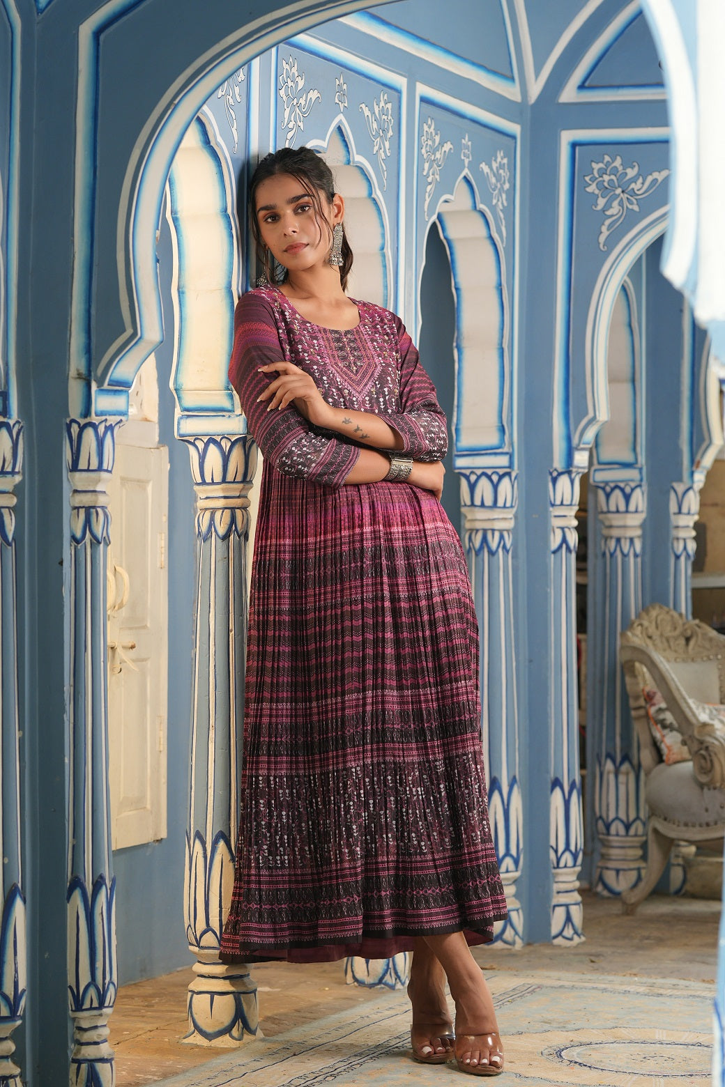 Juniper Purple muslin maxi dress with ethnic motif print with sequins & beads work