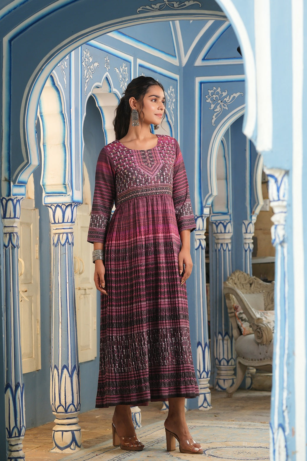 Juniper Purple muslin maxi dress with ethnic motif print with sequins & beads work