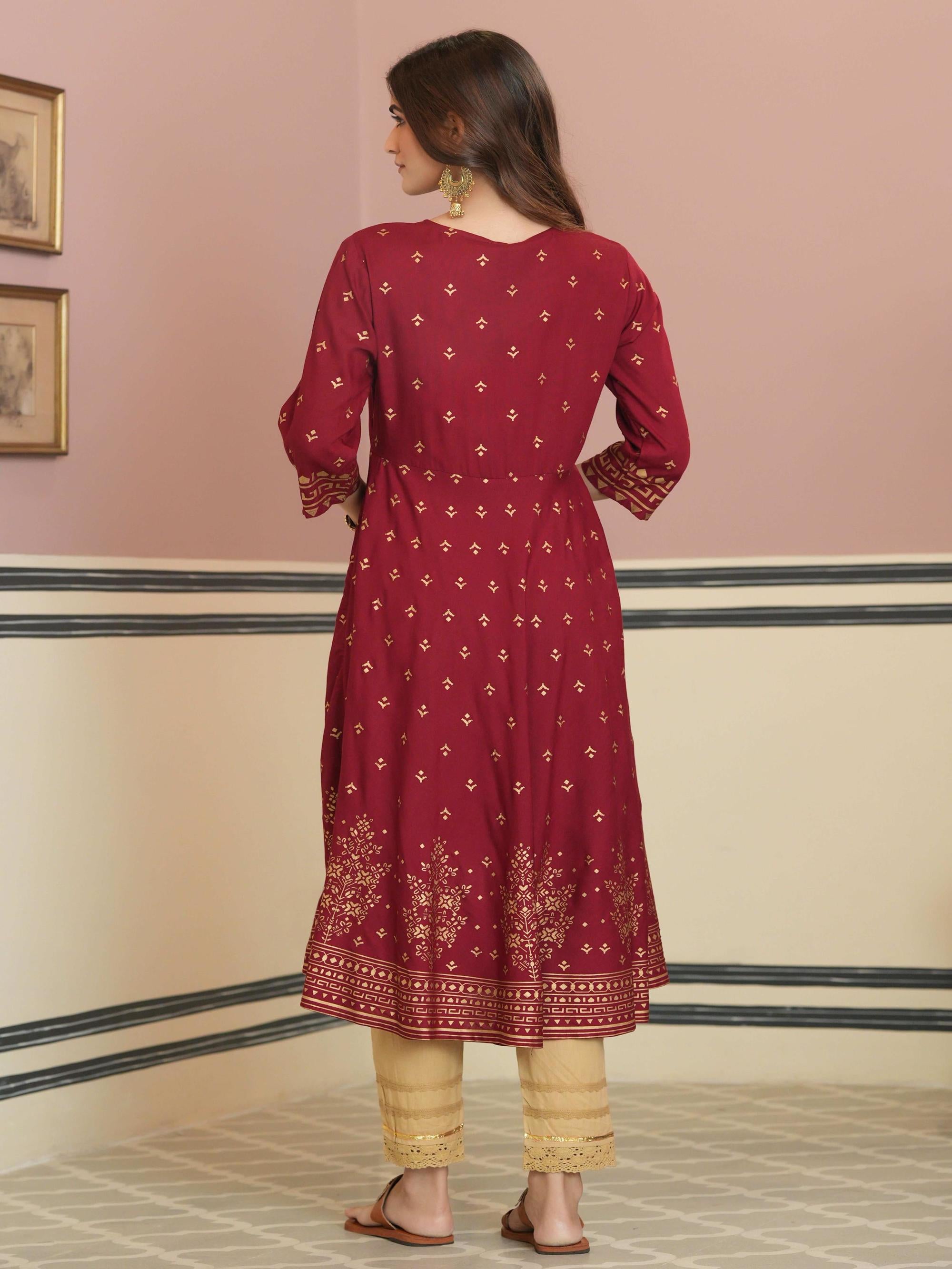 Juniper Maroon Ethnic Motif Printed Rayon Kurta with Sequins