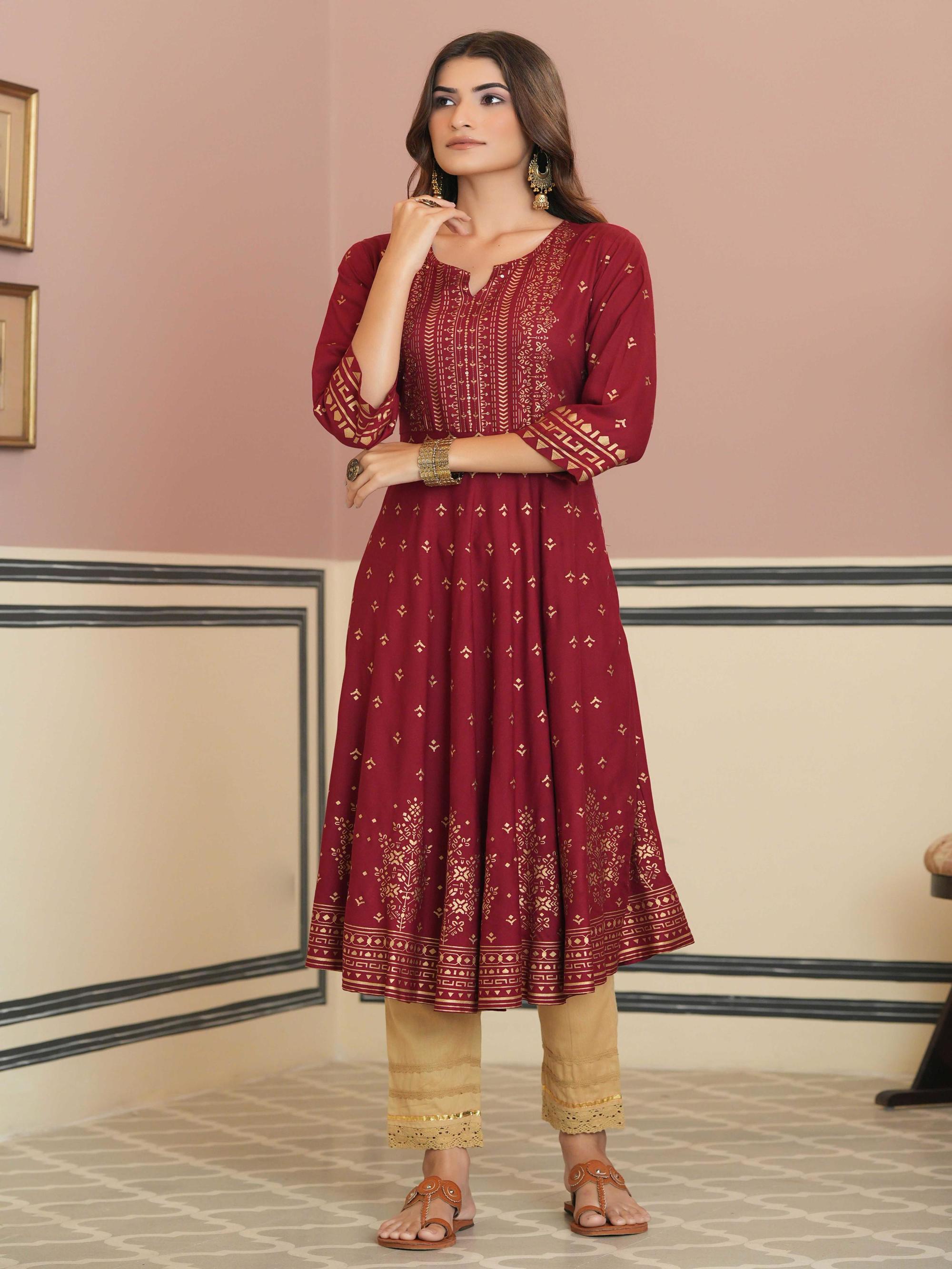 Juniper Maroon Ethnic Motif Printed Rayon Kurta with Sequins