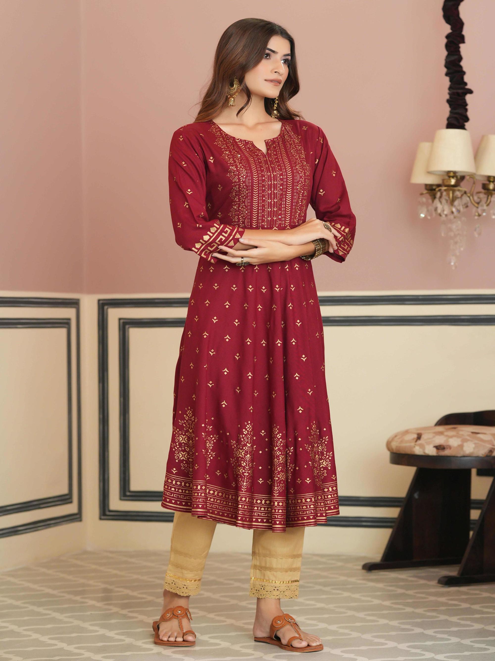 Juniper Maroon Ethnic Motif Printed Rayon Kurta with Sequins