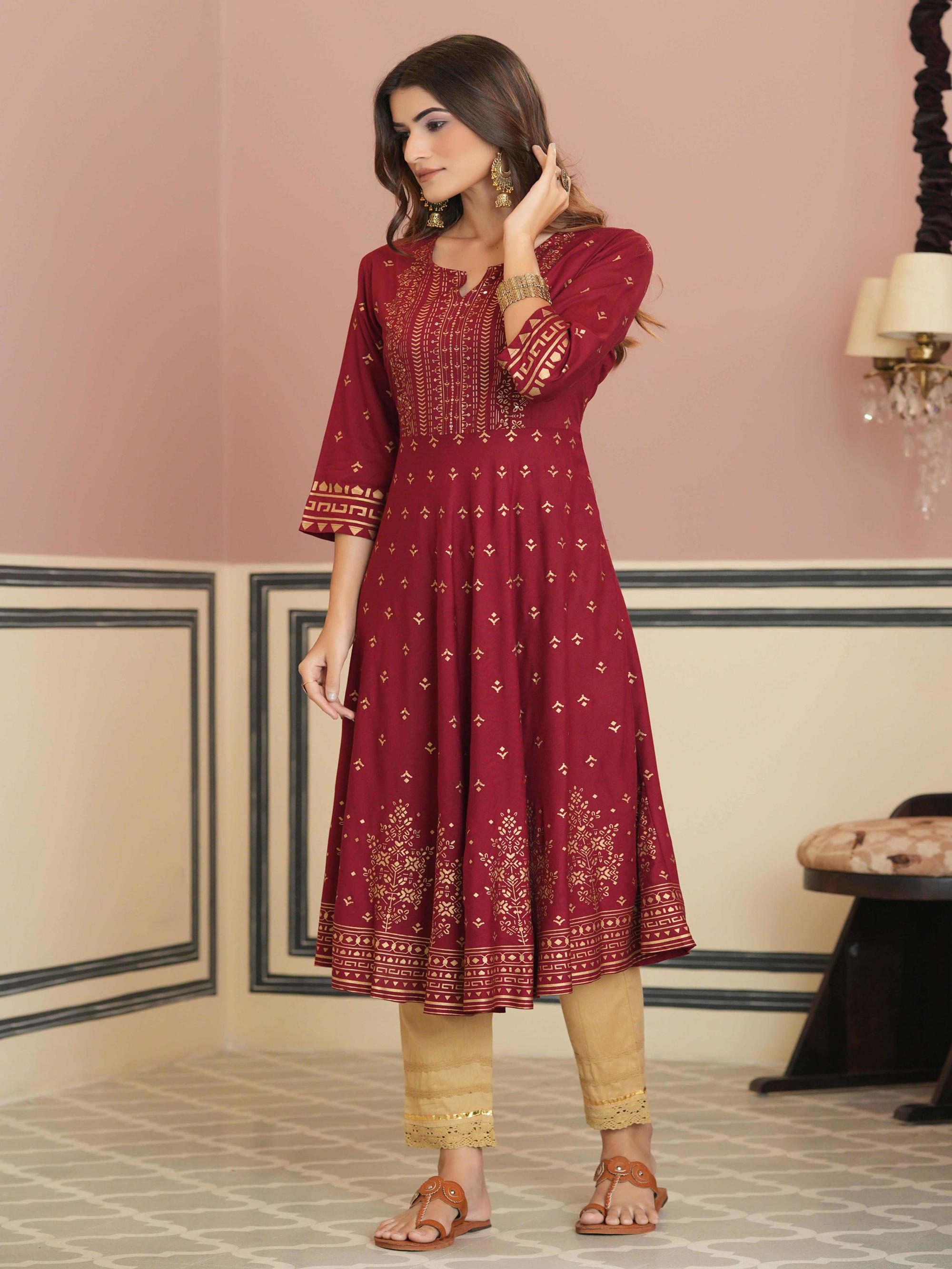 Juniper Maroon Ethnic Motif Printed Rayon Kurta with Sequins