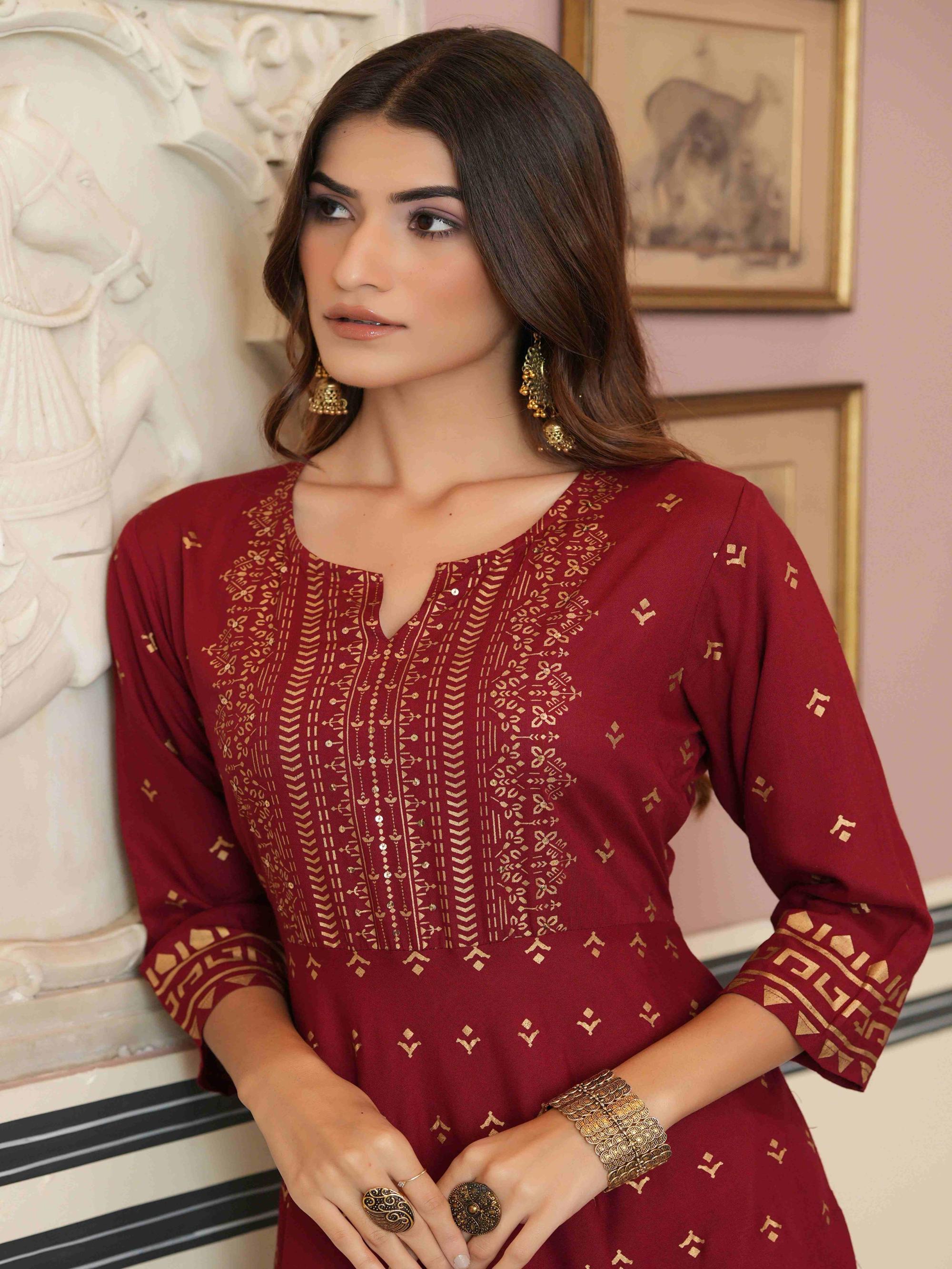 Juniper Maroon Ethnic Motif Printed Rayon Kurta with Sequins