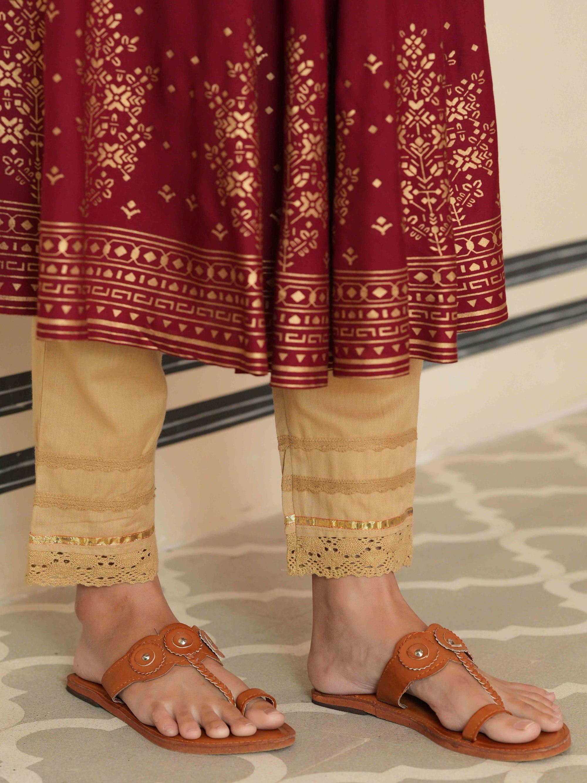 Juniper Maroon Ethnic Motif Printed Rayon Kurta with Sequins