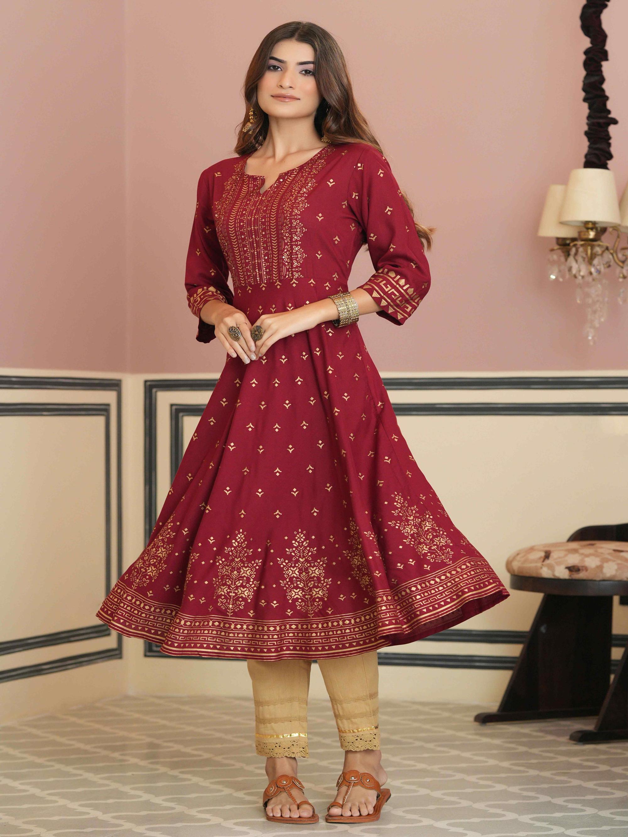 Juniper Maroon Ethnic Motif Printed Rayon Kurta with Sequins