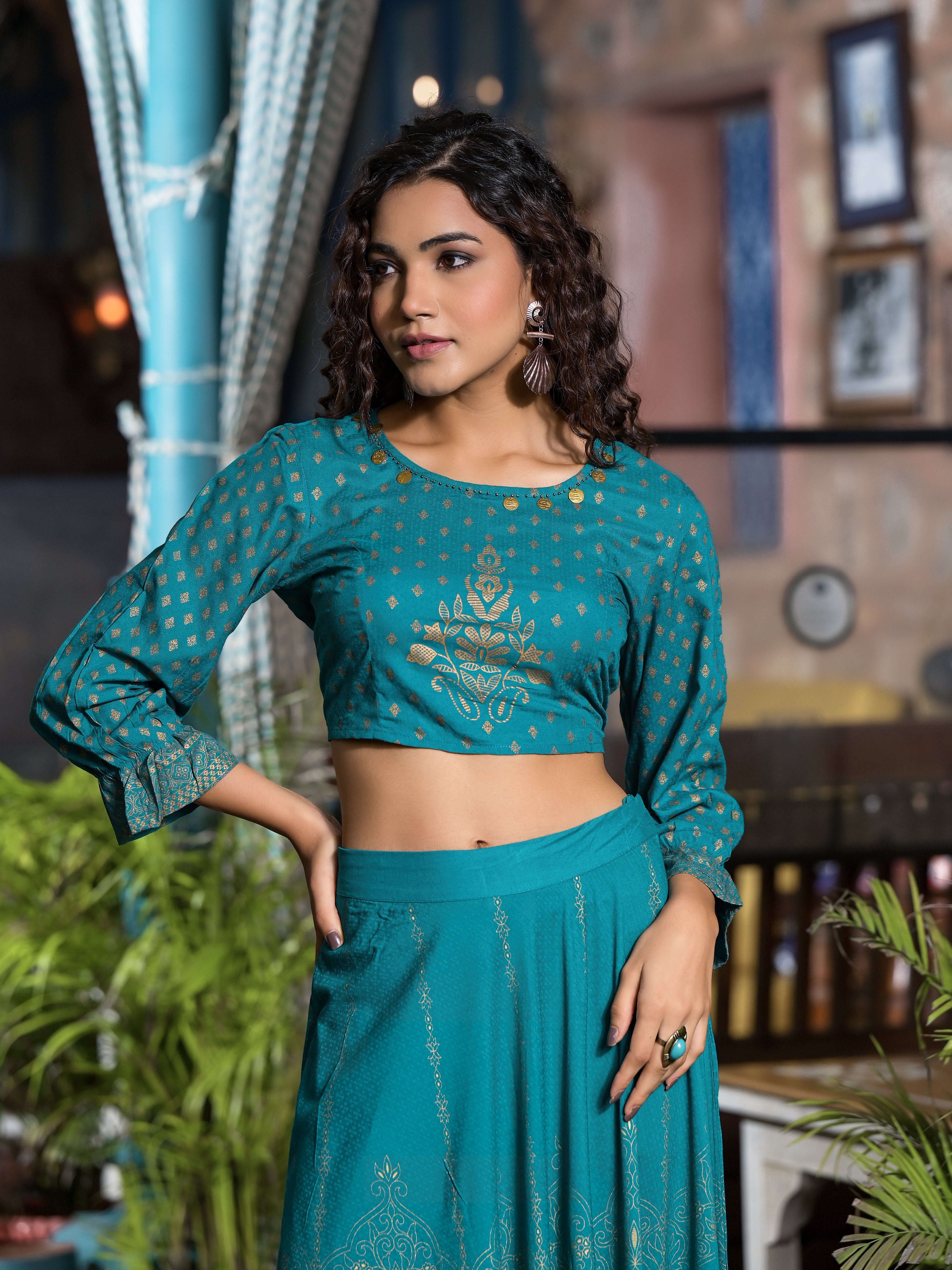 Teal Ethnic Motif Printed Liva Rayon Lehnga & Choli Set With Coins & Beads
