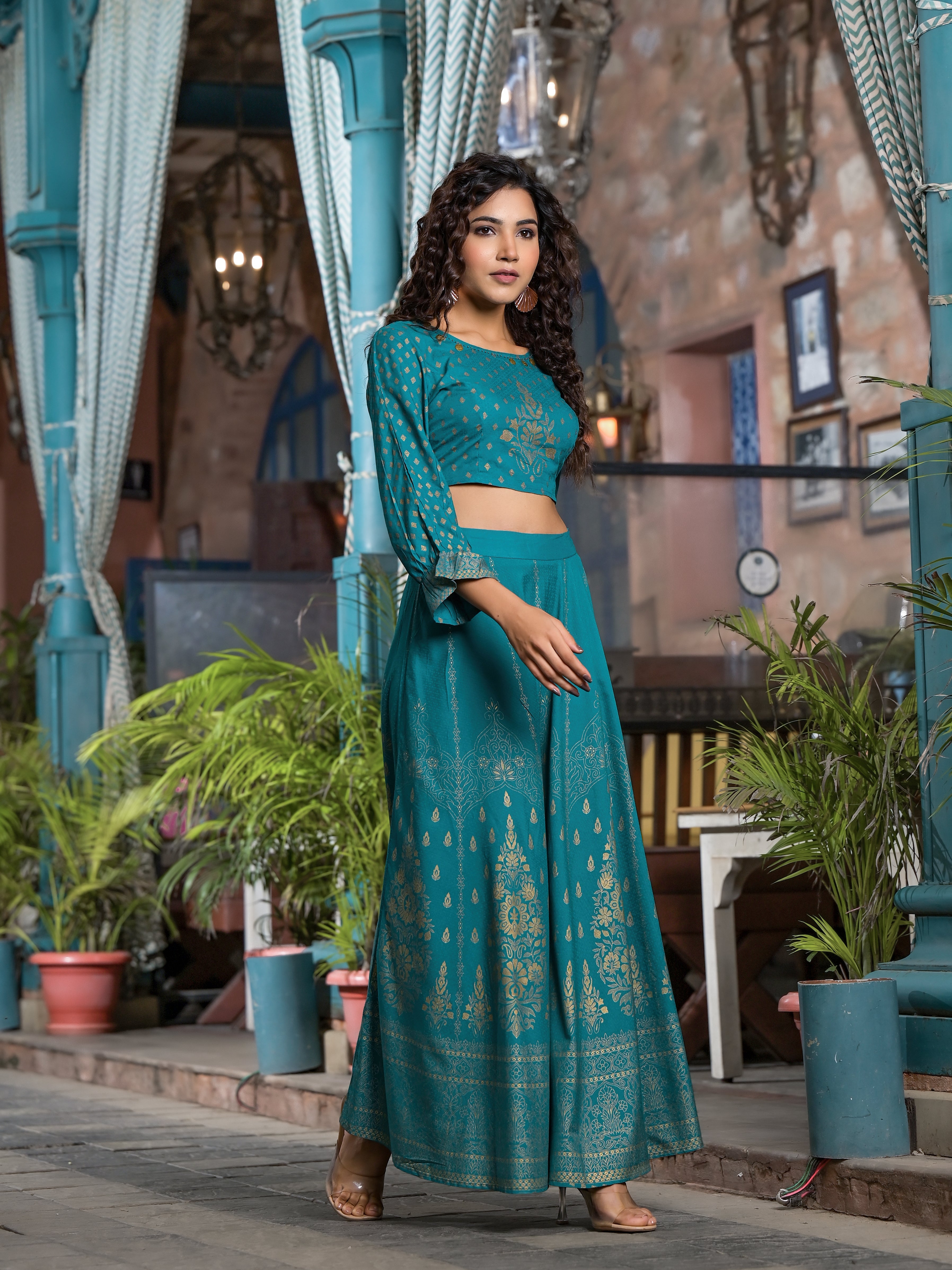 Teal Ethnic Motif Printed Liva Rayon Lehnga & Choli Set With Coins & Beads