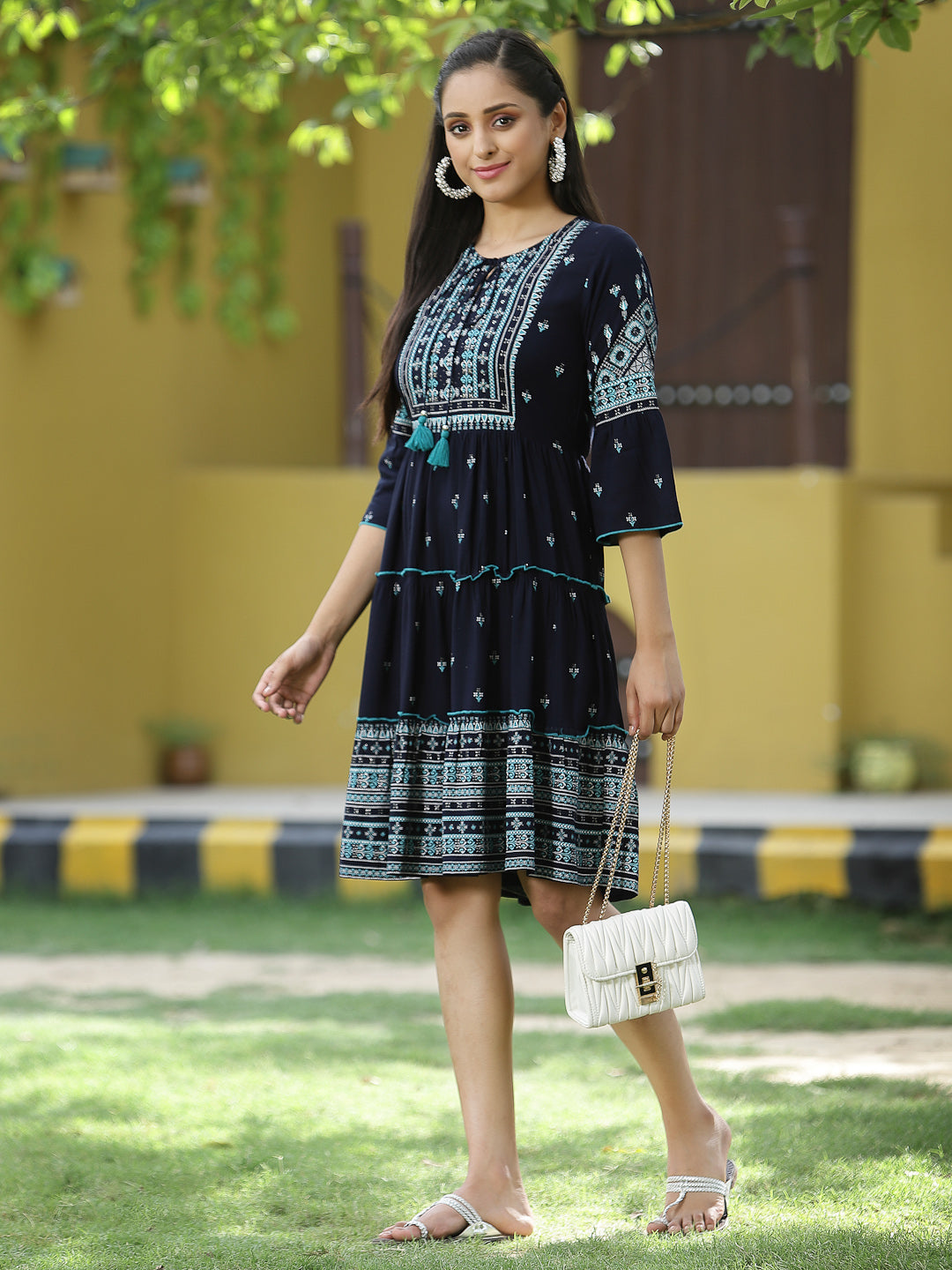 Juniper Navy LIVA Rayon Festive Printed Tiered Short Dress For Women