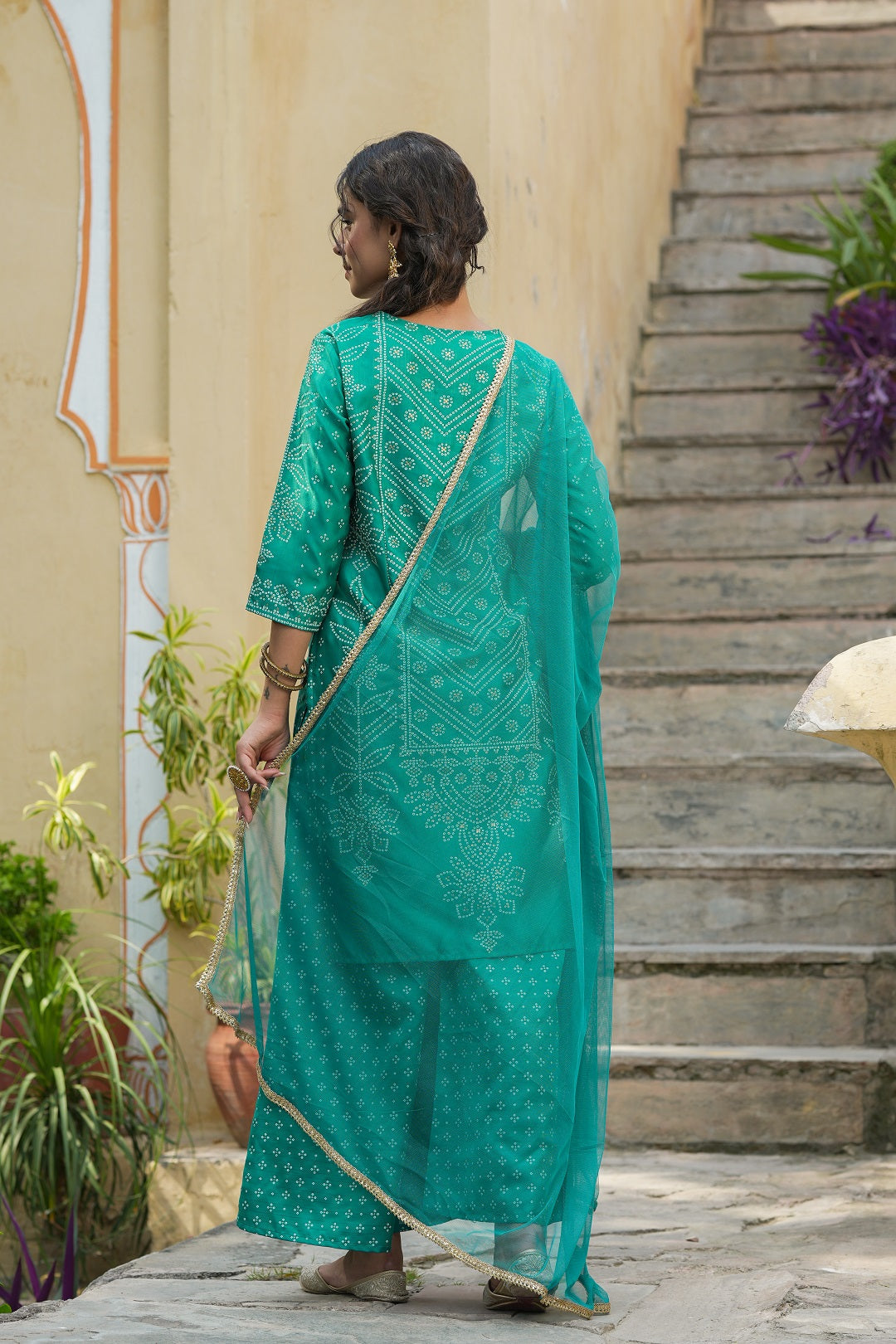 Juniper Teal Bandhani Printed Shantoon Kurta Palazzo & Net Dupatta Set with Lace & Beads Work