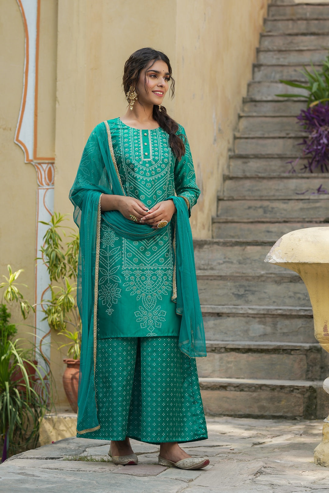 Juniper Teal Bandhani Printed Shantoon Kurta Palazzo & Net Dupatta Set with Lace & Beads Work