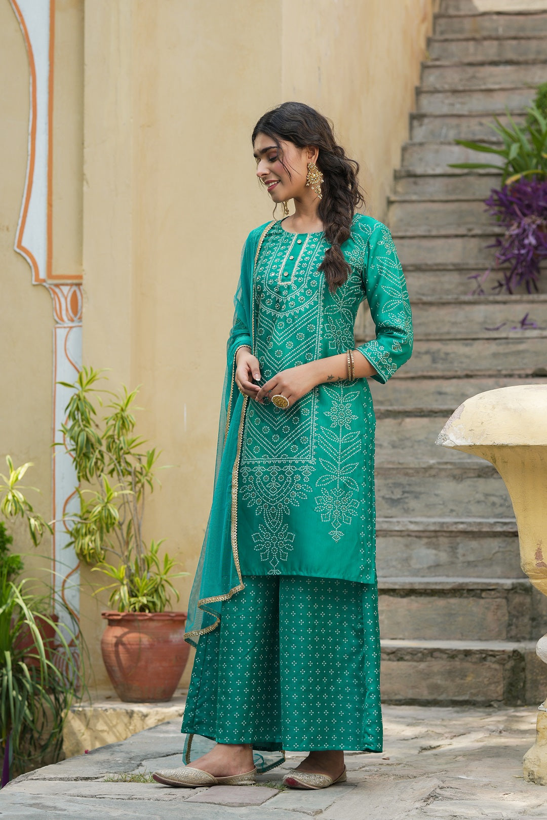 Juniper Teal Bandhani Printed Shantoon Kurta Palazzo & Net Dupatta Set with Lace & Beads Work