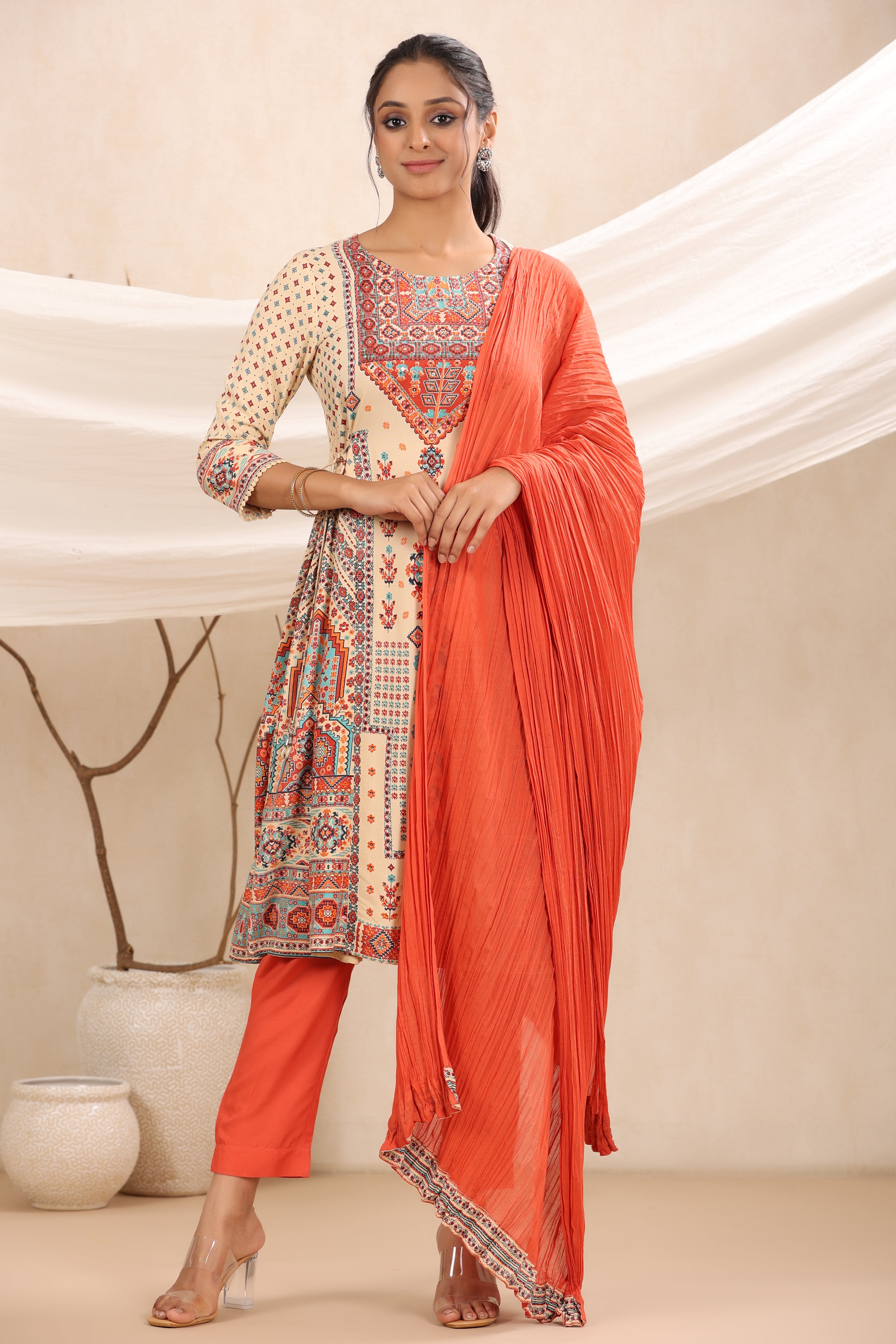 Juniper Women's Off-White Rayon Printed A-Line Kurta, Pants & Dupatta Set