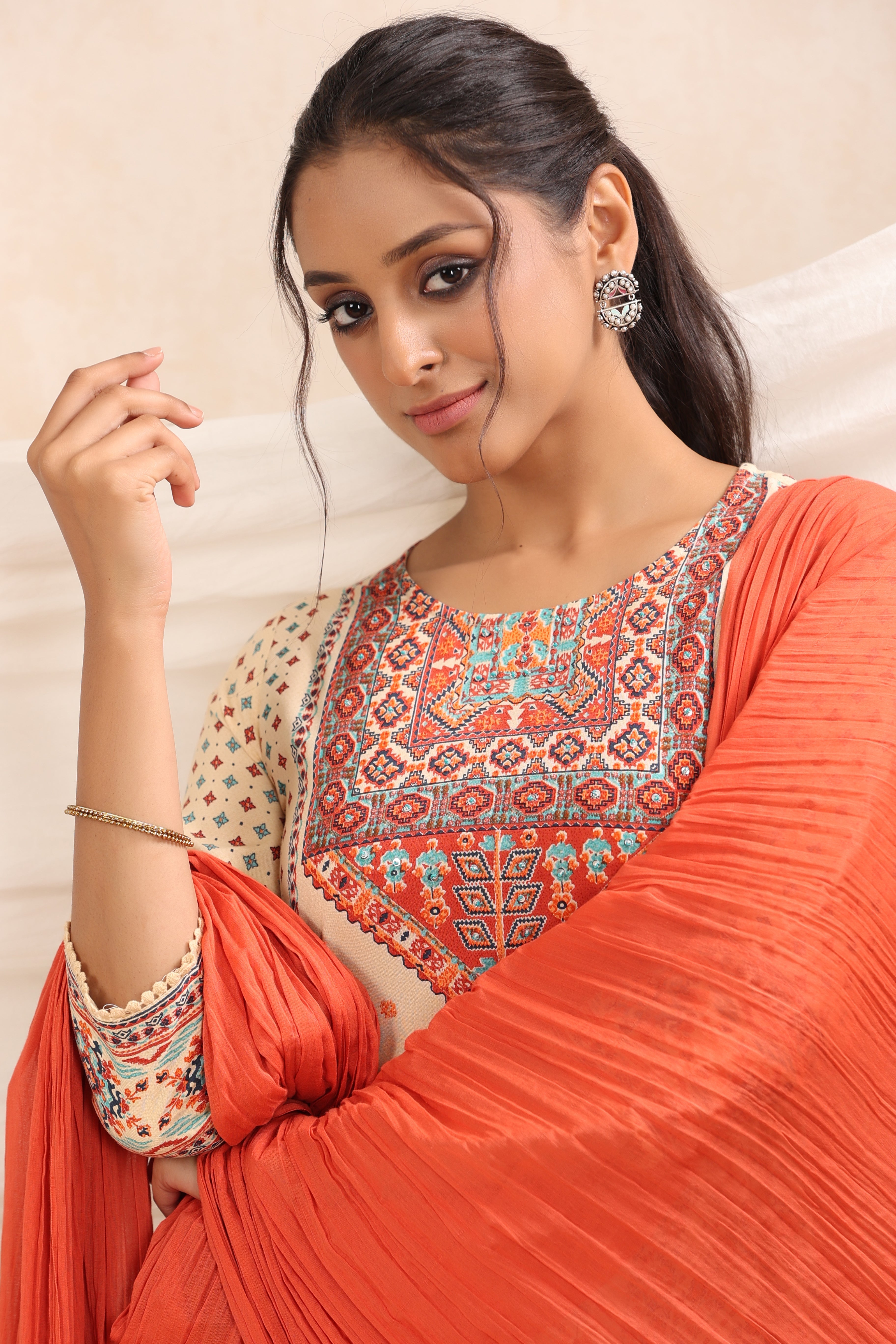 Juniper Off- White Geometric Printed Rayon Kurta Pants & Cotton Voile Dupatta Set