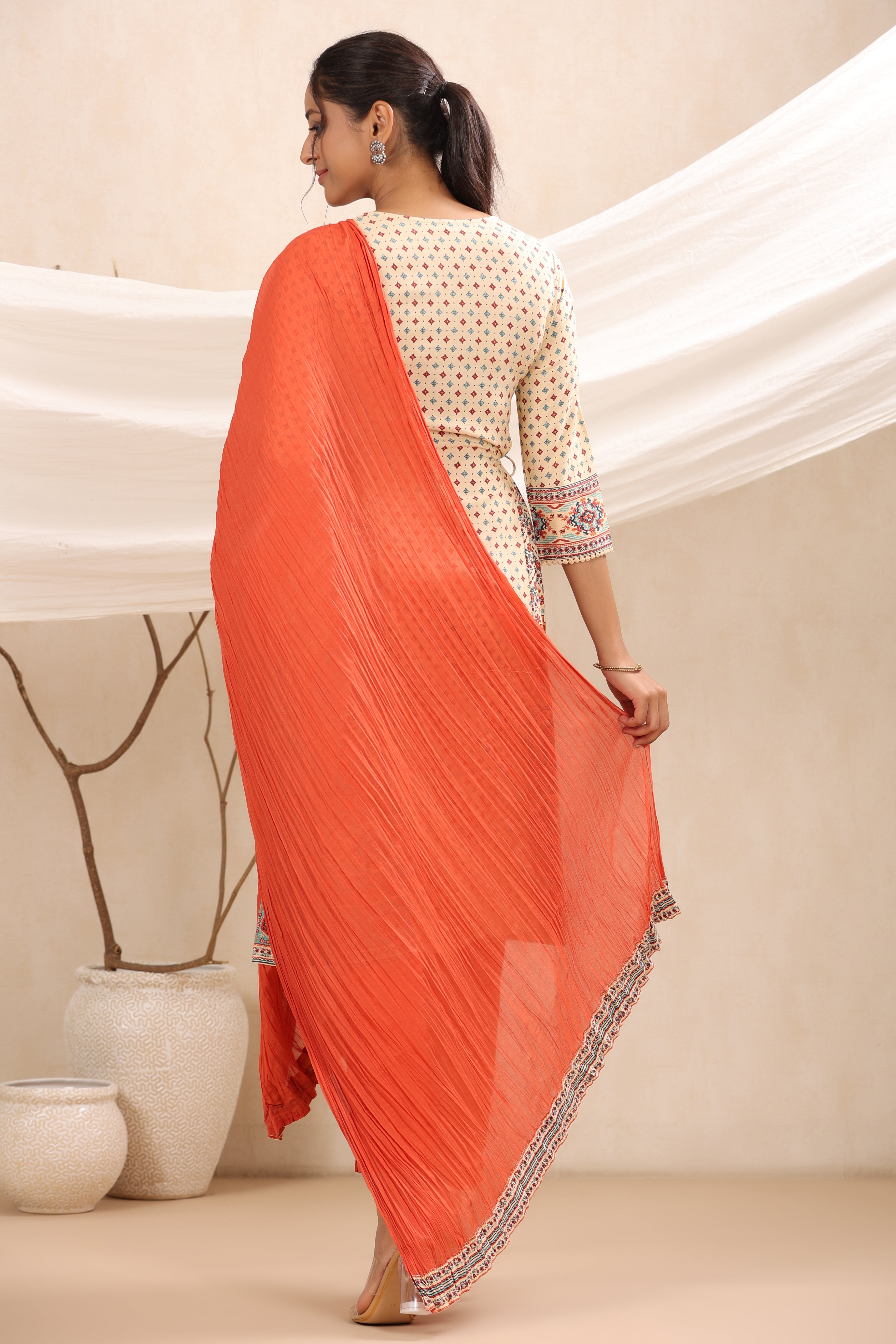 Juniper Women's Off-White Rayon Printed A-Line Kurta, Pants & Dupatta Set