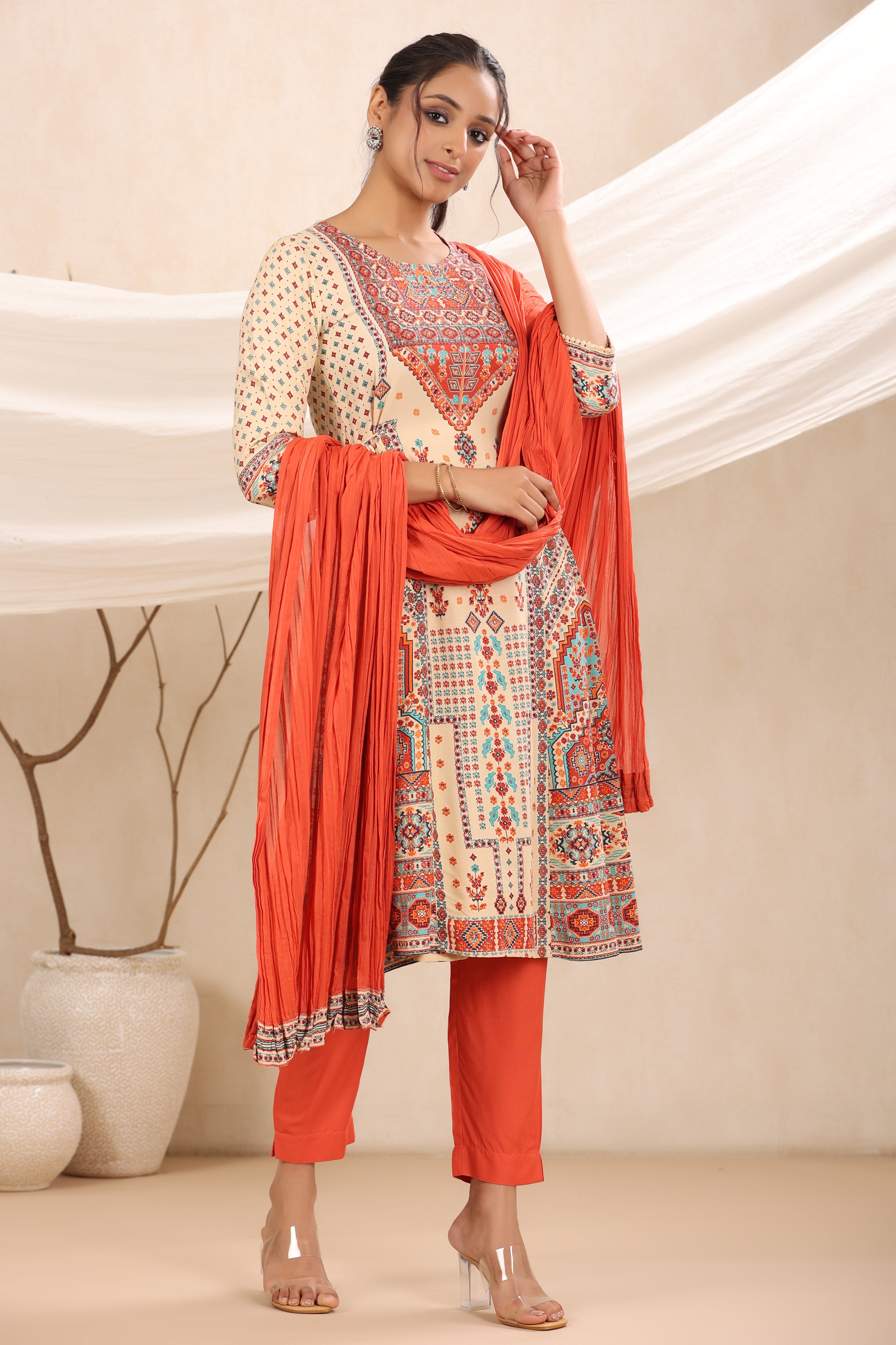 Juniper Women's Off-White Rayon Printed A-Line Kurta, Pants & Dupatta Set