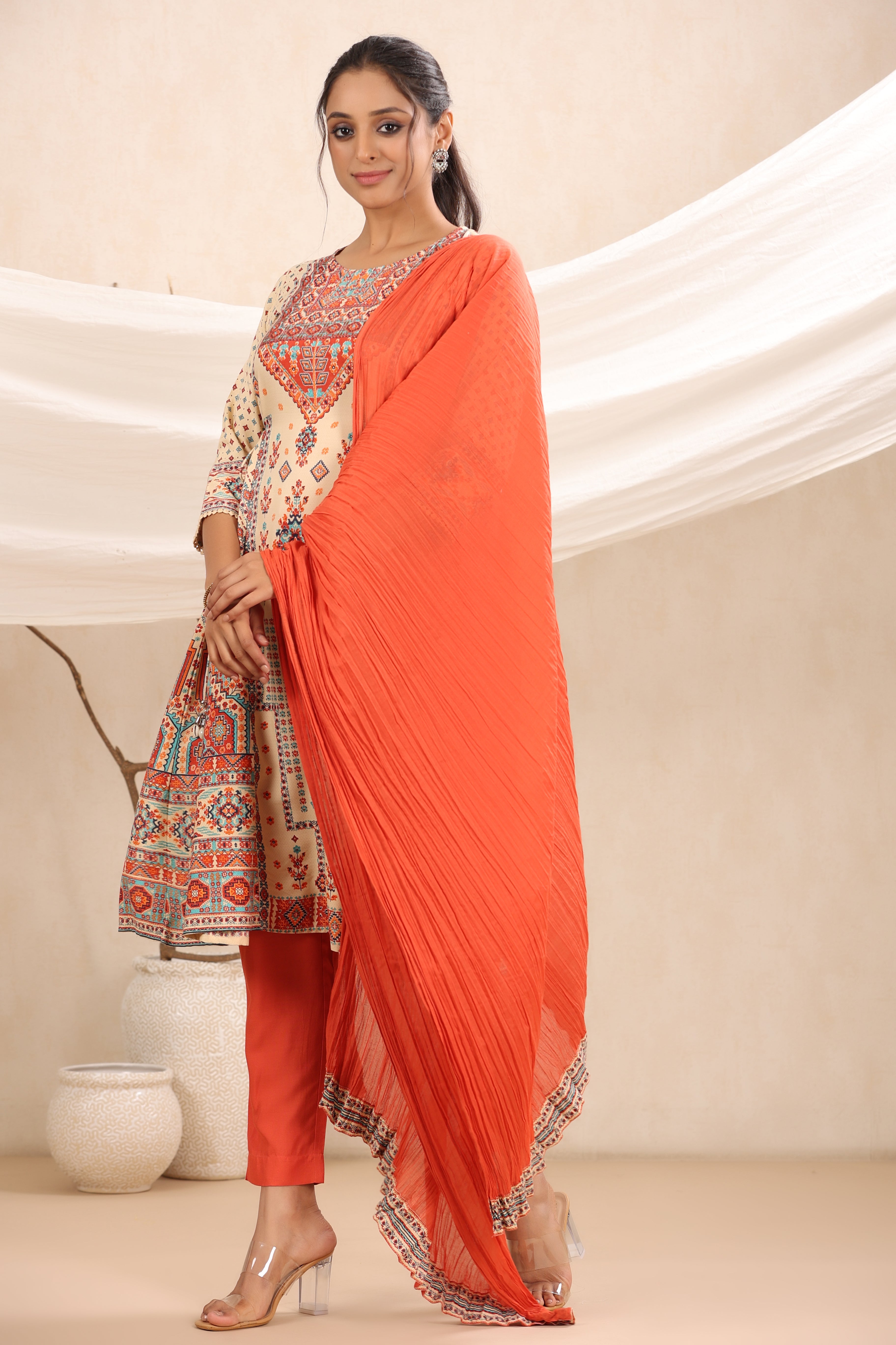 Juniper Women's Off-White Rayon Printed A-Line Kurta, Pants & Dupatta Set