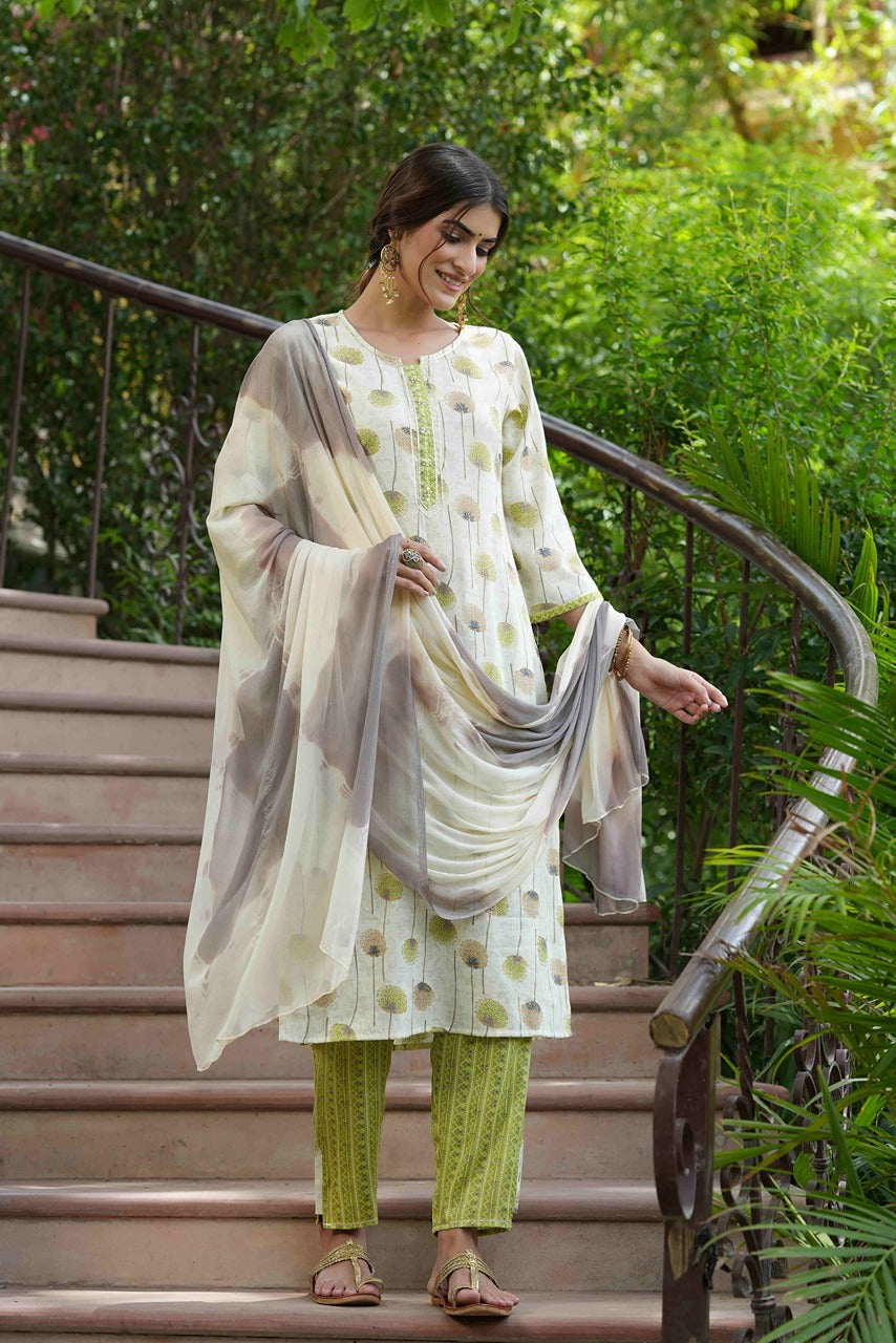 Juniper Green Floral Printed Rayon Slub Kurta Pants & Tie & Dye Chiffon Dupatta Set