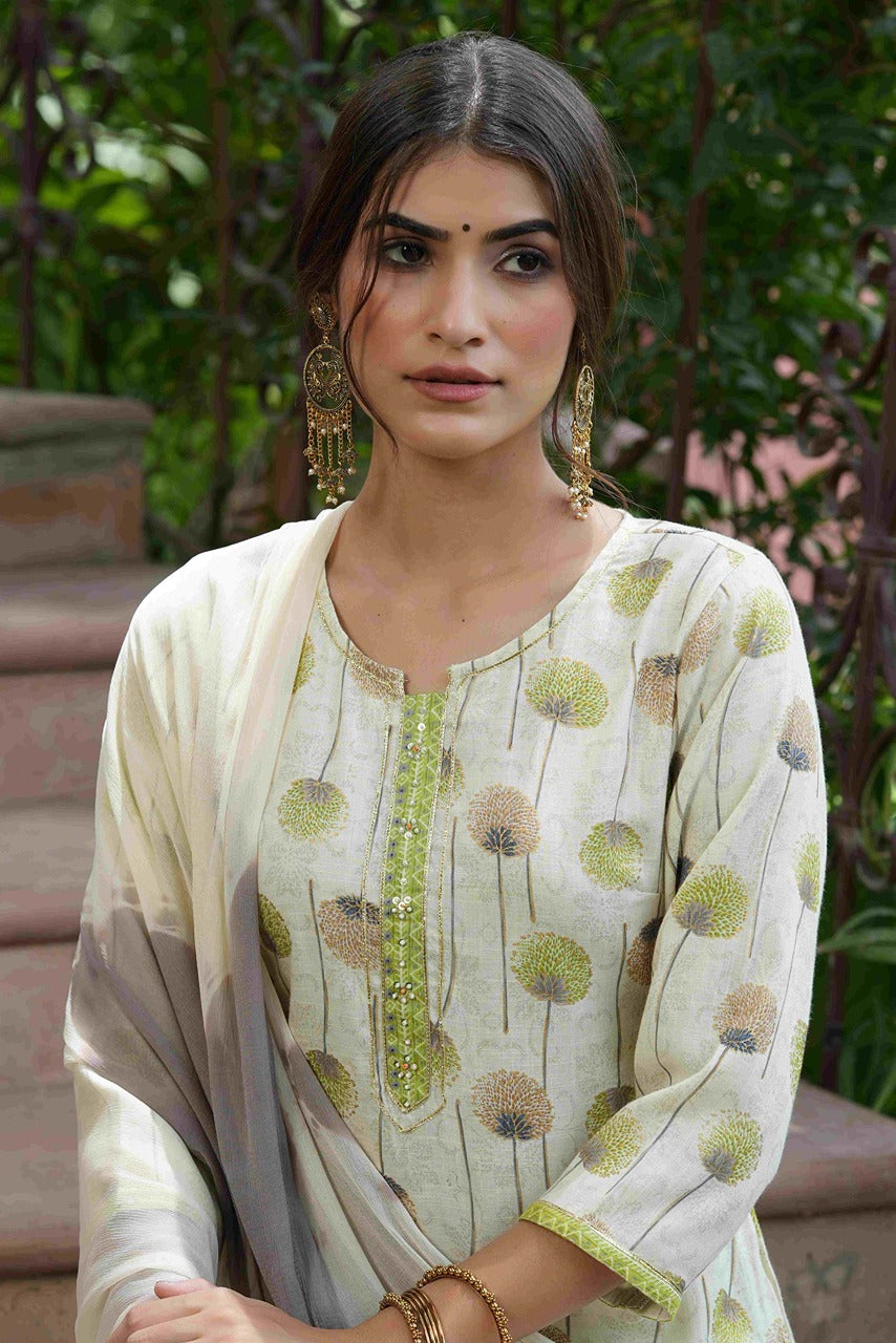 Juniper Green Floral Printed Rayon Slub Kurta Pants & Tie & Dye Chiffon Dupatta Set