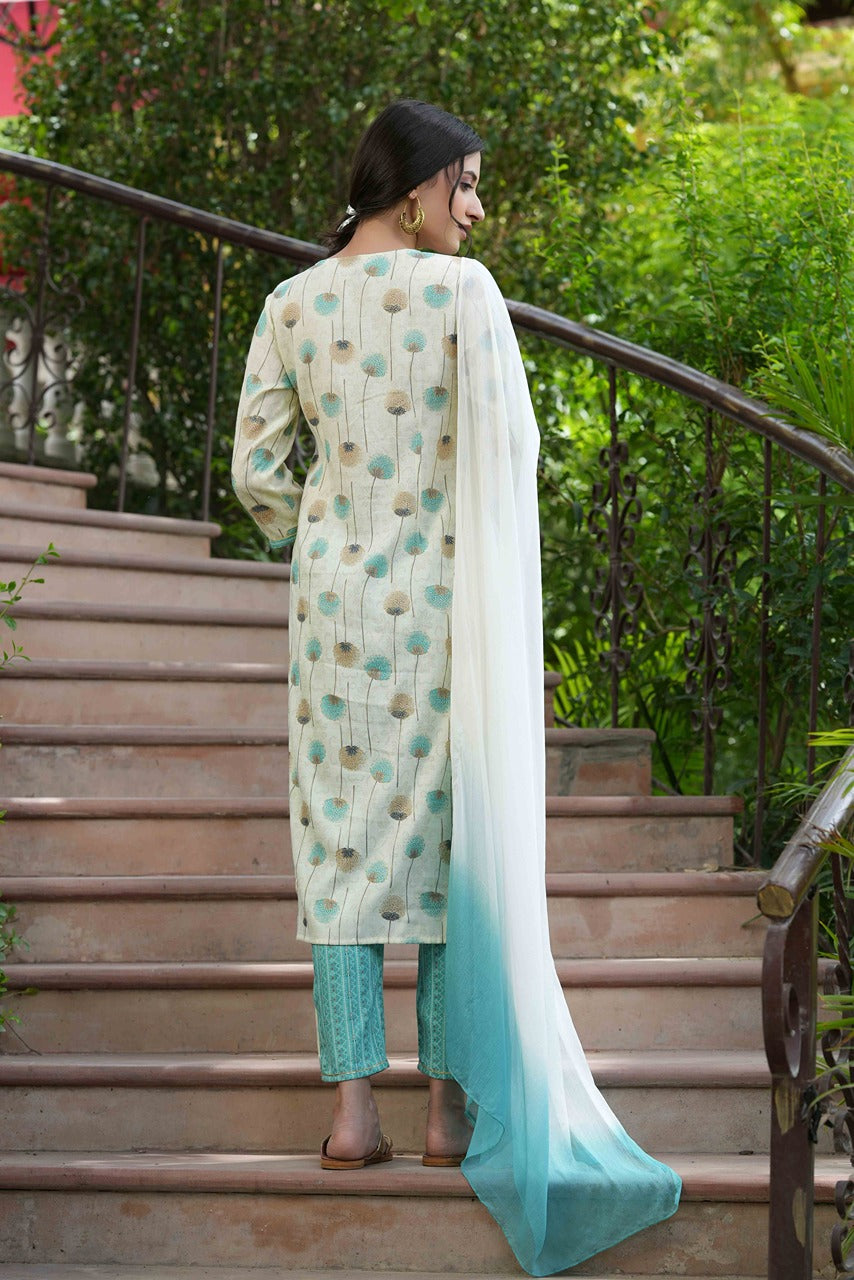 Juniper Sky Blue Floral Printed Rayon Slub Kurta Pants & Tie & Dye Chiffon Dupatta Set