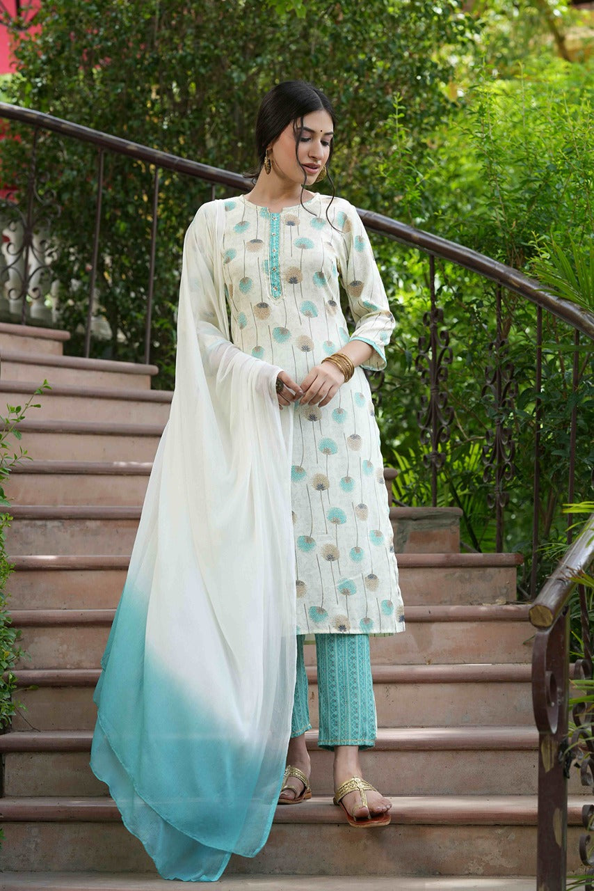 Juniper Sky Blue Floral Printed Rayon Slub Kurta Pants & Tie & Dye Chiffon Dupatta Set