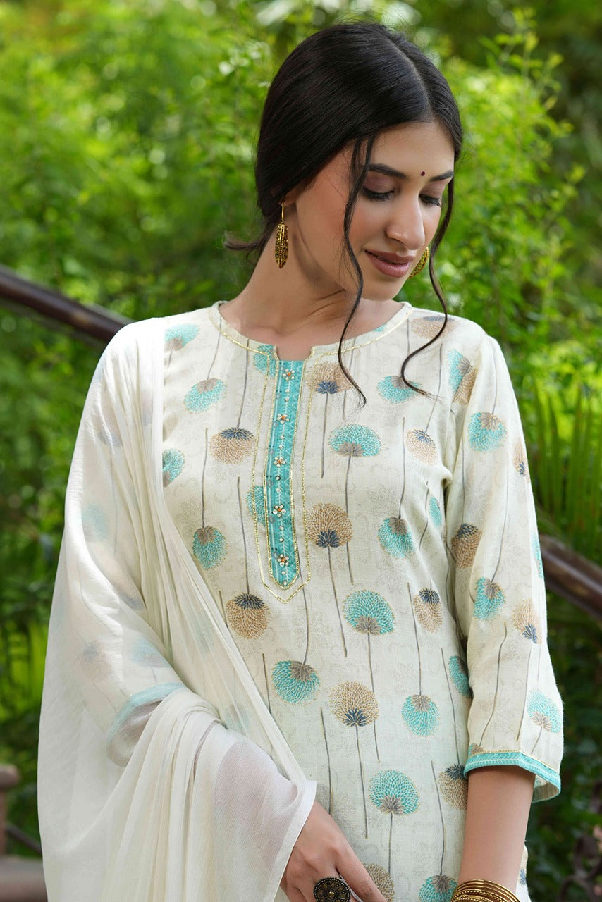 Juniper Sky Blue Floral Printed Rayon Slub Kurta Pants & Tie & Dye Chiffon Dupatta Set