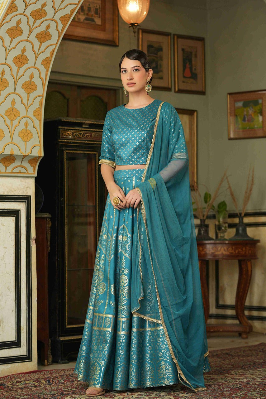 Juniper Teal Santoon Slub Festive Foil Printed Lehenga Choli Set For Women
