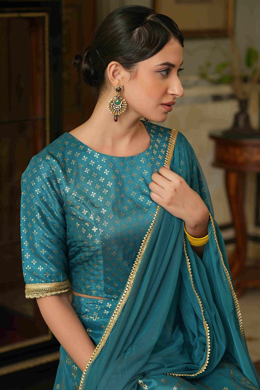 Juniper Teal Santoon Slub Festive Foil Printed Lehenga Choli Set For Women
